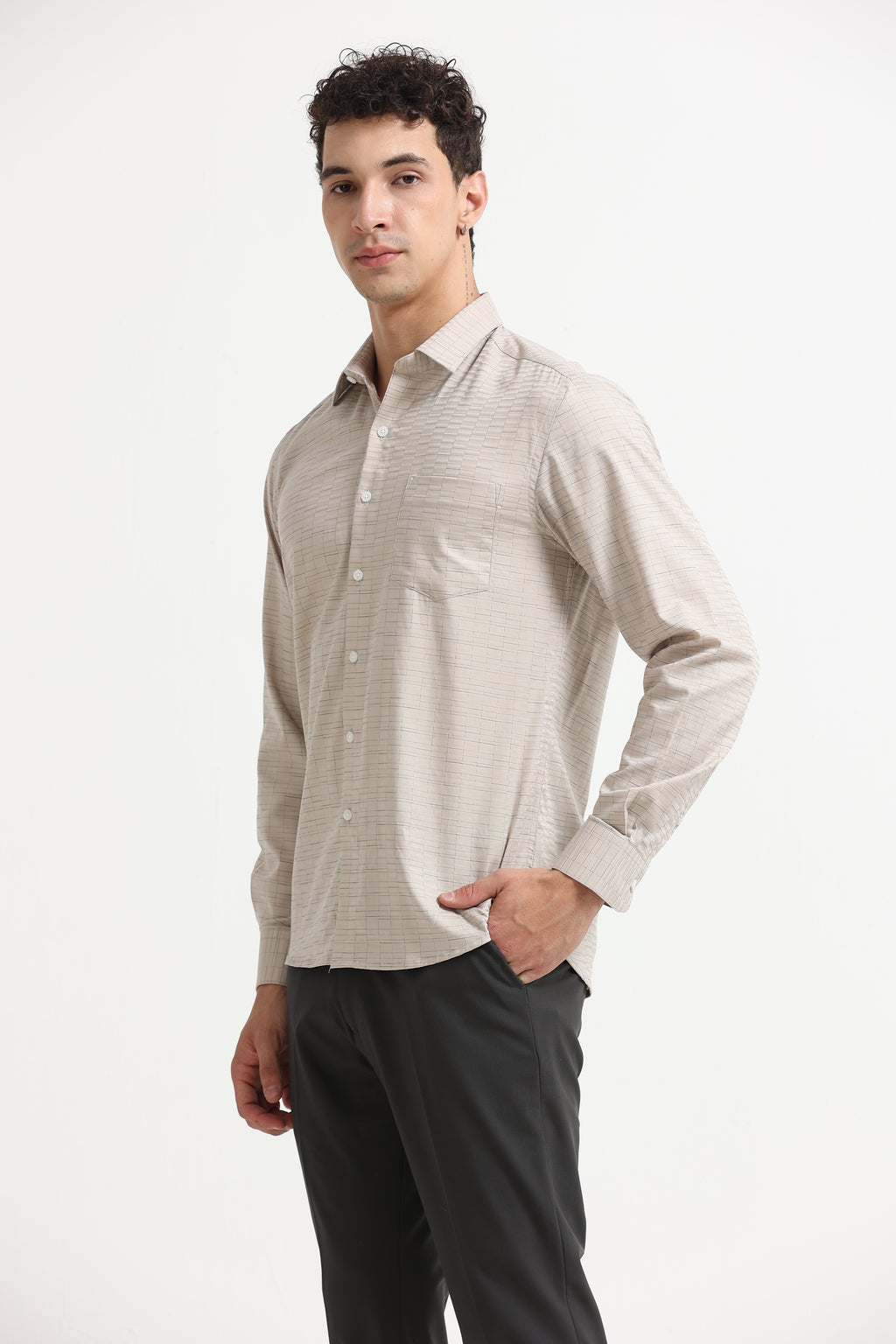 Sand Grid Windowpane Jacquard Shirt