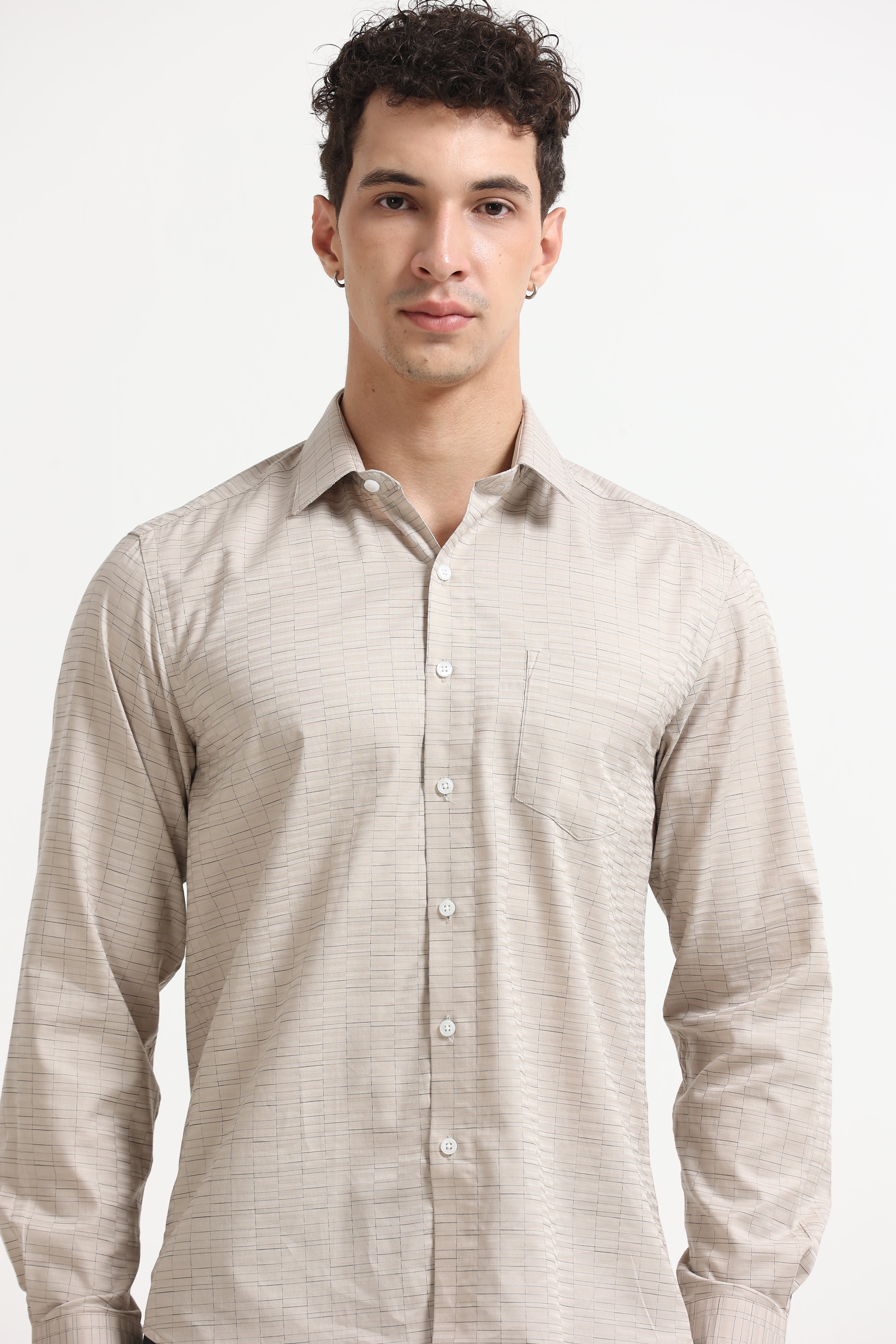 Sand Grid Windowpane Jacquard Shirt