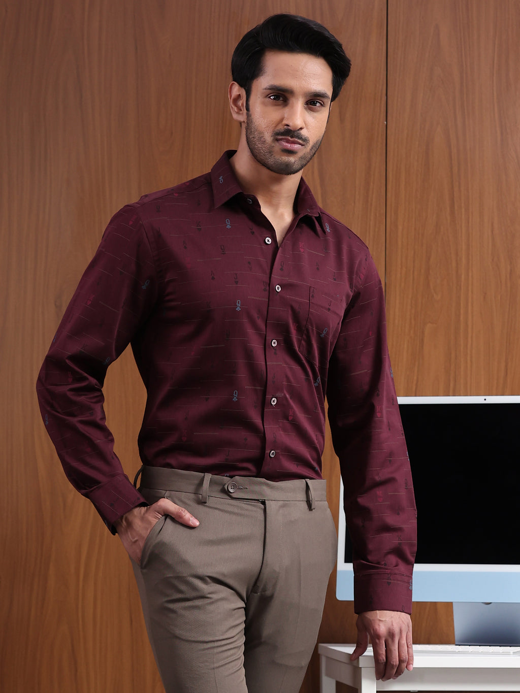 Crimson Cipher  Maroon Jacquard Motif Formal Shirt