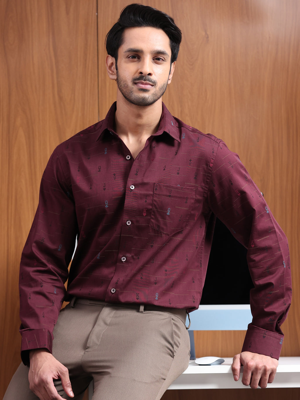 Crimson Cipher  Maroon Jacquard Motif Formal Shirt
