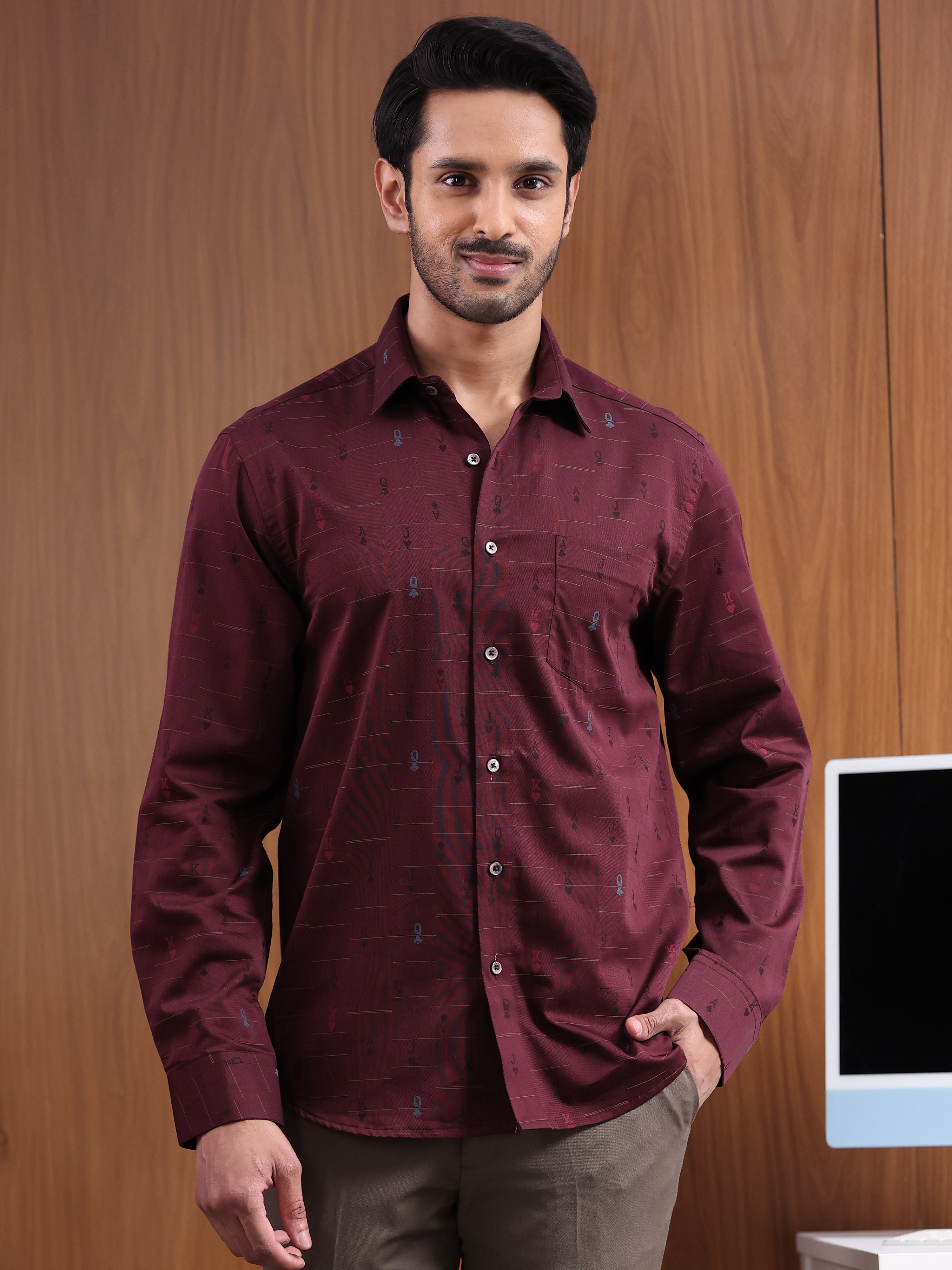 Crimson Cipher  Maroon Jacquard Motif Formal Shirt