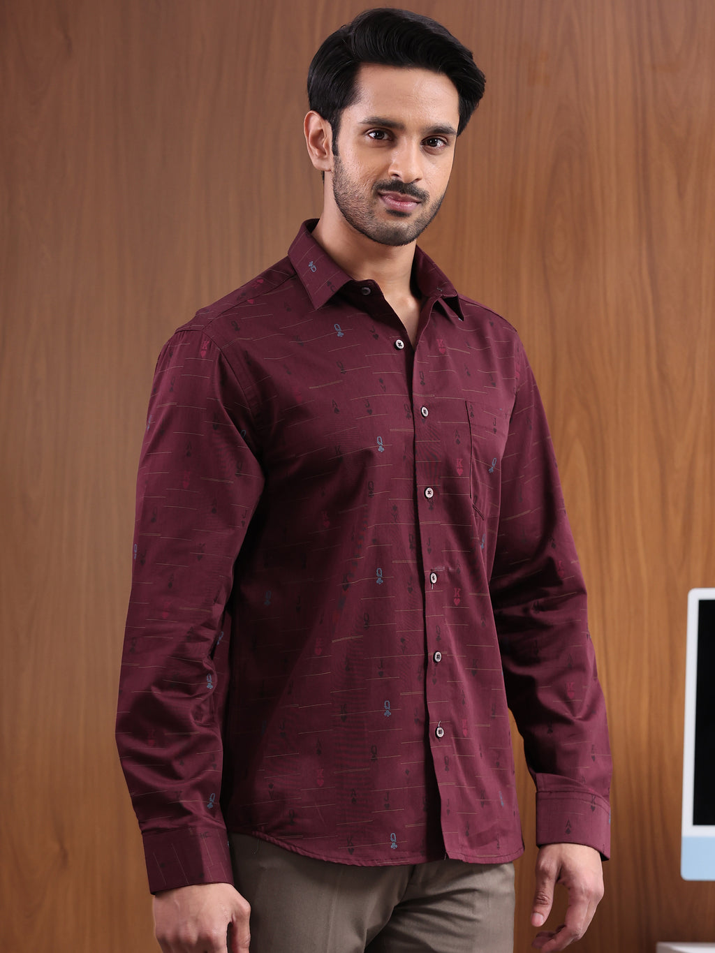 Crimson Cipher  Maroon Jacquard Motif Formal Shirt
