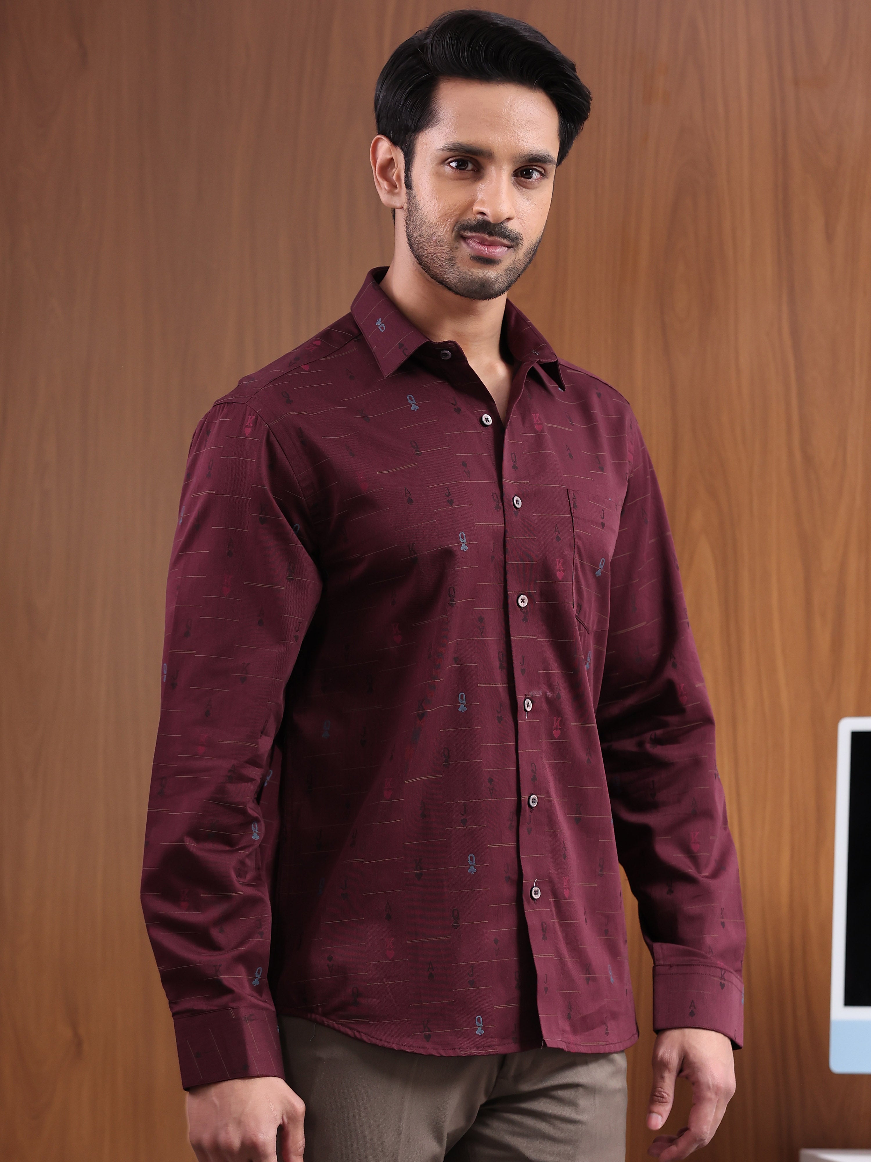 Crimson Cipher  Maroon Jacquard Motif Formal Shirt