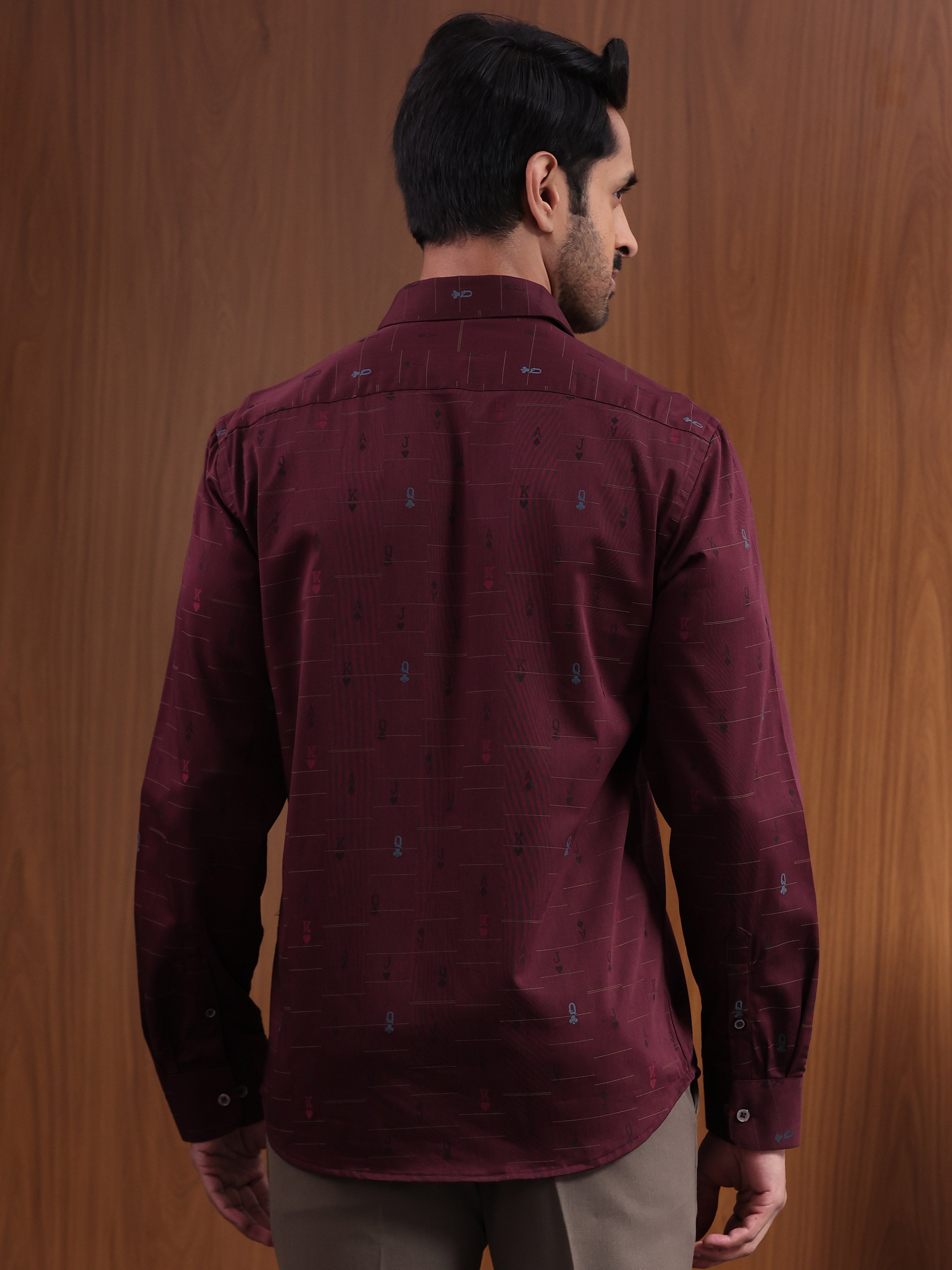 Crimson Cipher  Maroon Jacquard Motif Formal Shirt