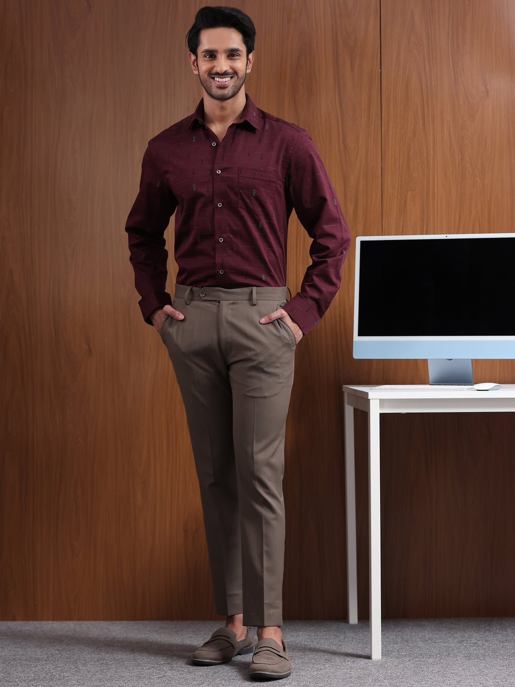 Crimson Cipher  Maroon Jacquard Motif Formal Shirt