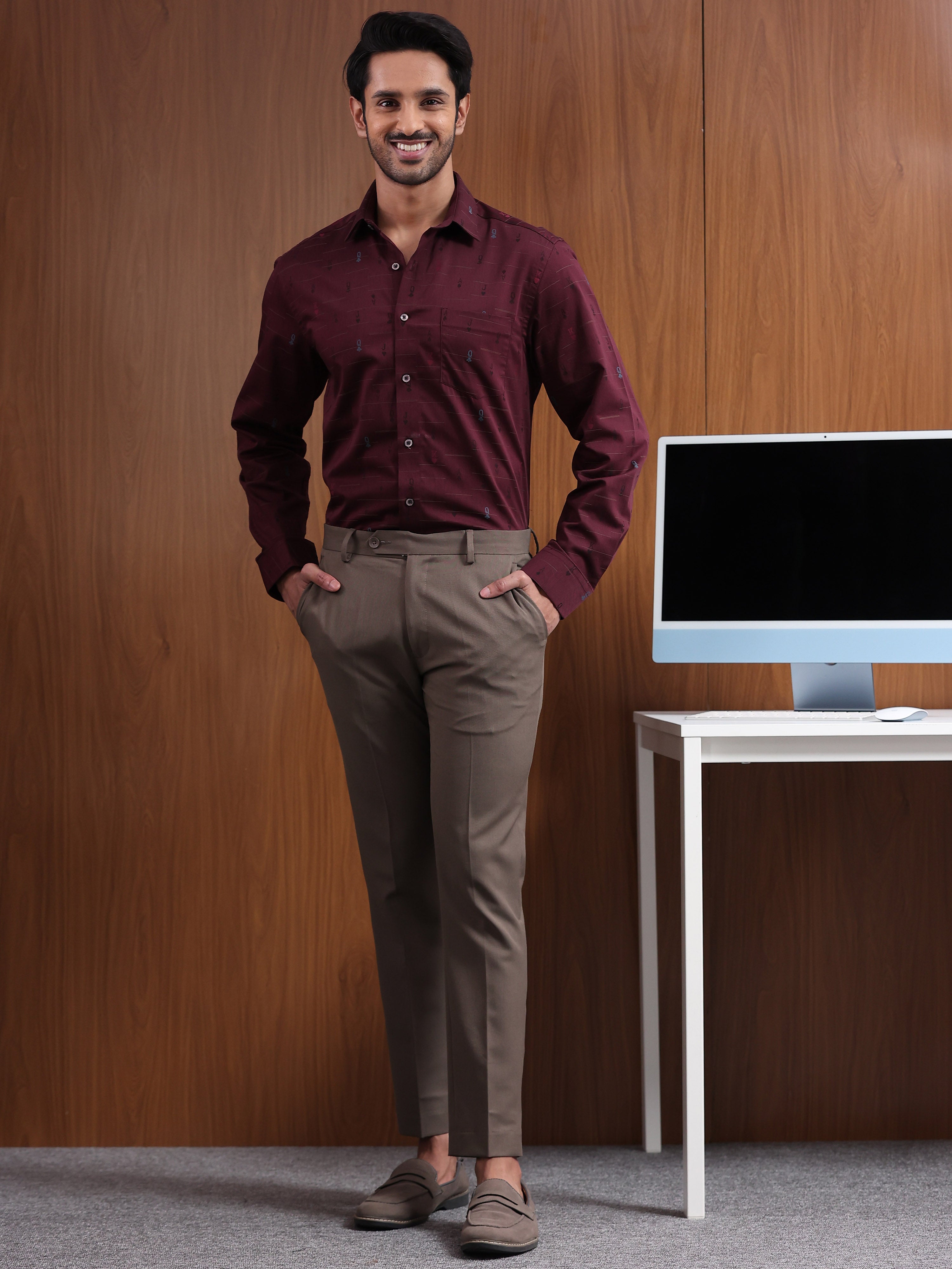 Crimson Cipher  Maroon Jacquard Motif Formal Shirt
