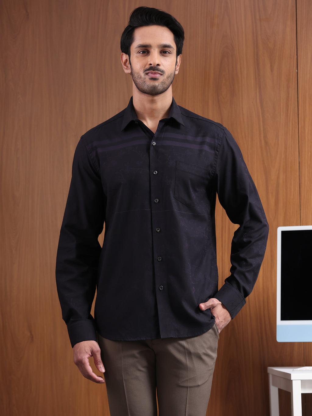 Midnight Grid  Black Tonal Check Jacquard Formal Shirt