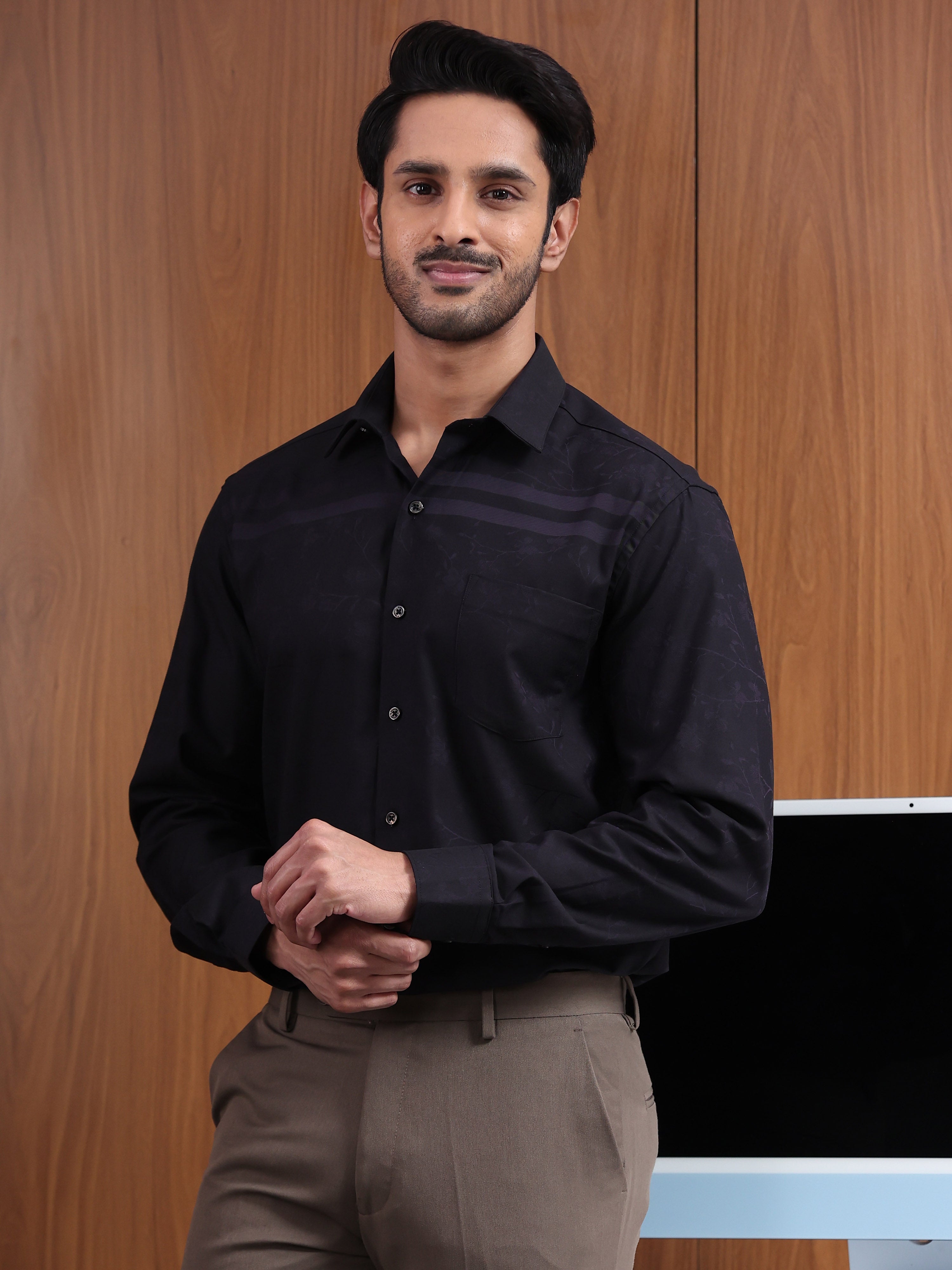 Midnight Grid  Black Tonal Check Jacquard Formal Shirt