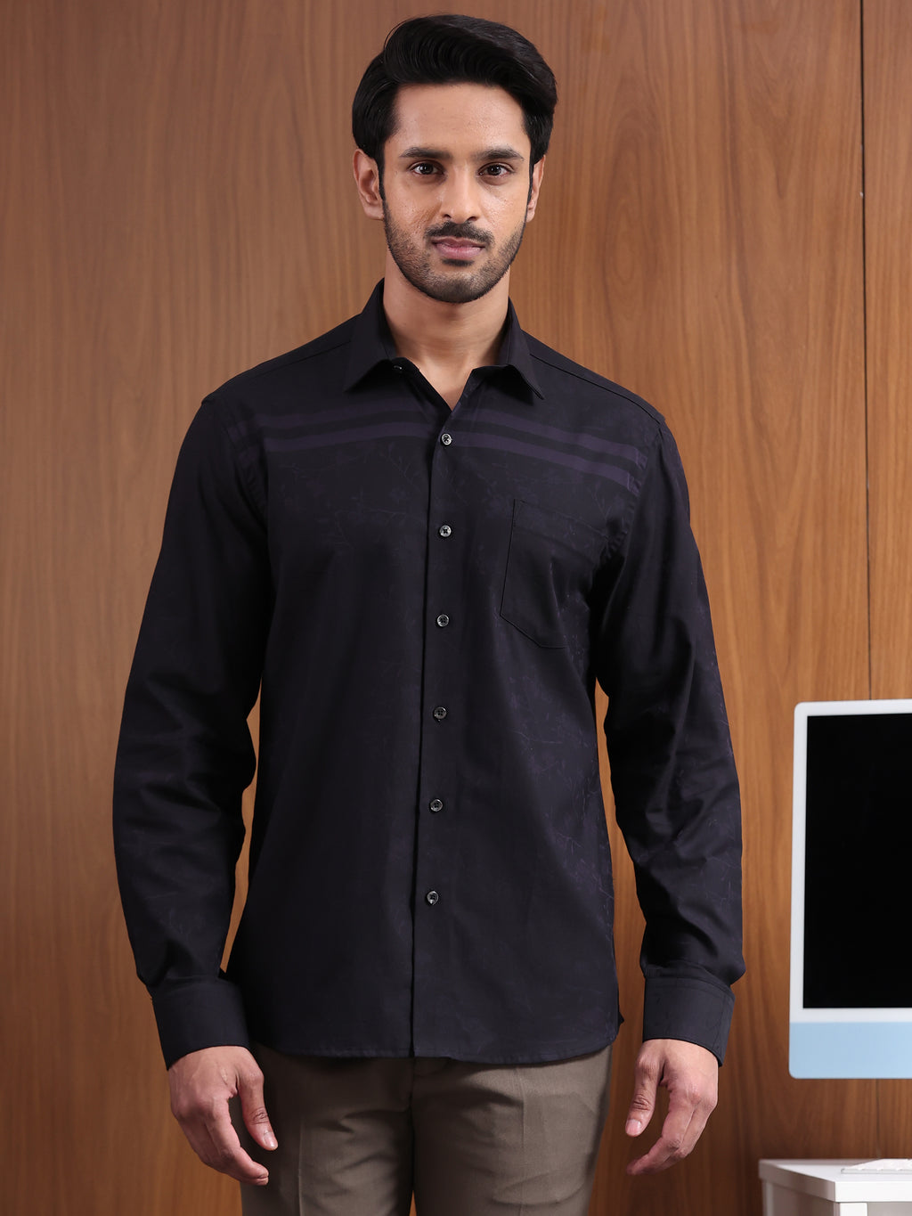 Midnight Grid  Black Tonal Check Jacquard Formal Shirt
