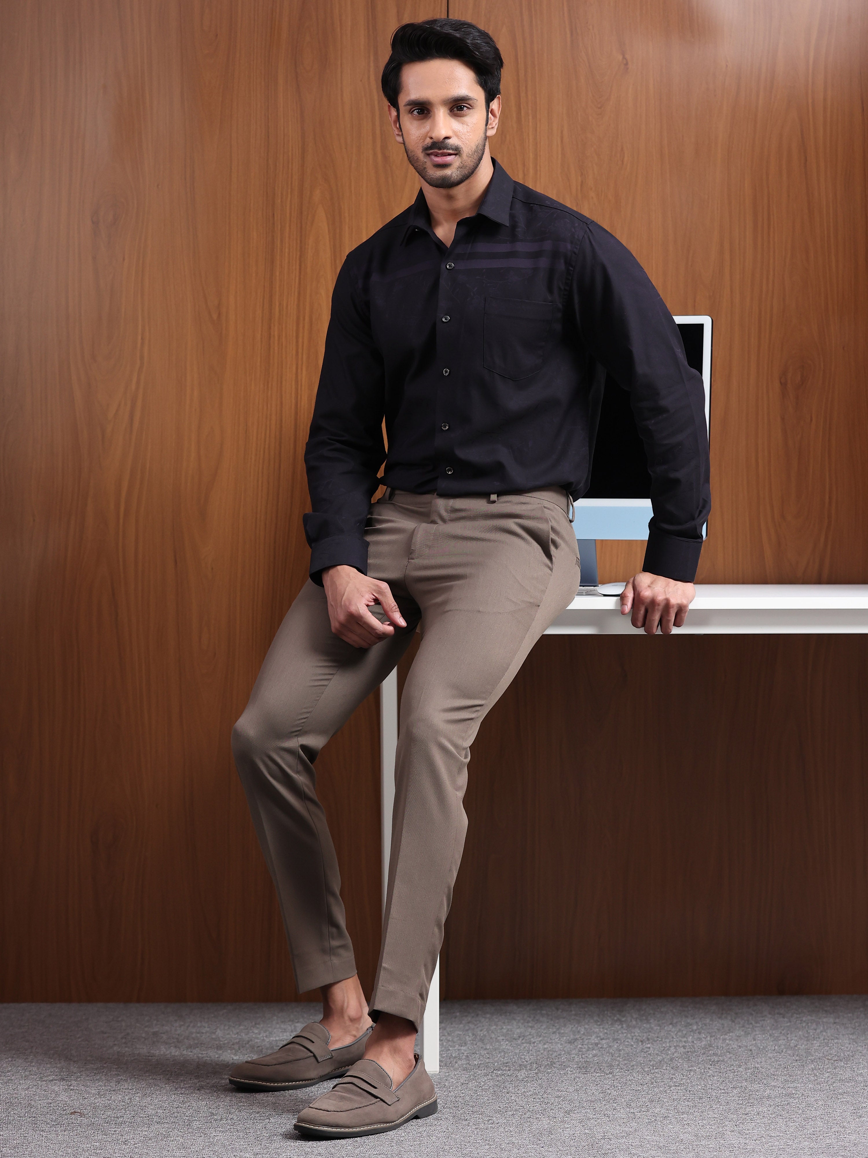Midnight Grid  Black Tonal Check Jacquard Formal Shirt