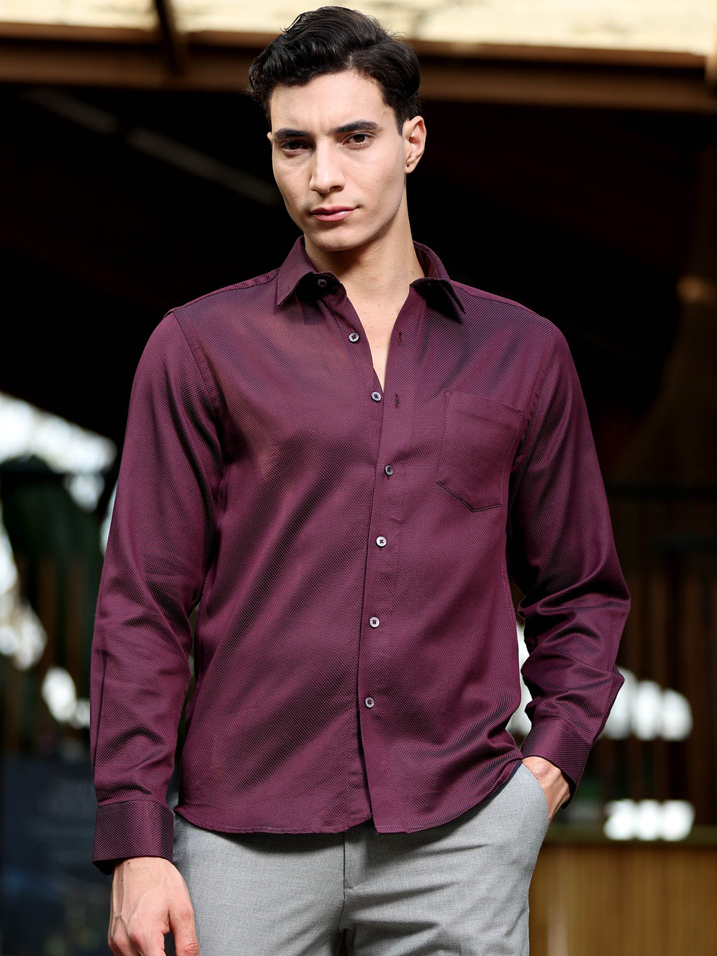 Men - Maroon - Slim Fit - Textured Formal Shirt