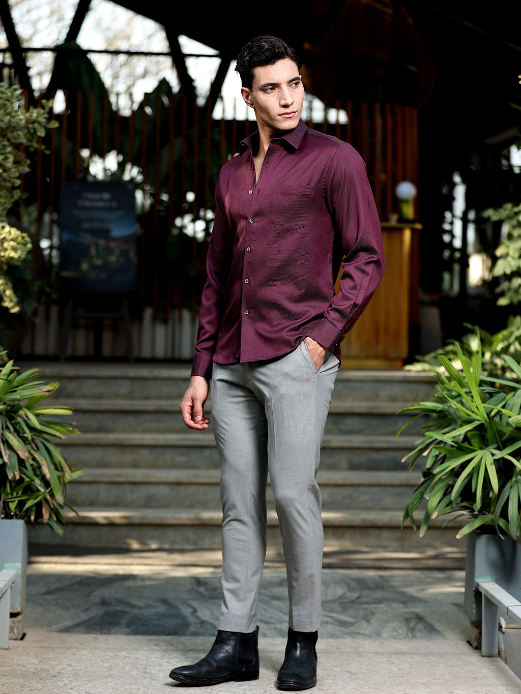 Men - Maroon - Slim Fit - Textured Formal Shirt