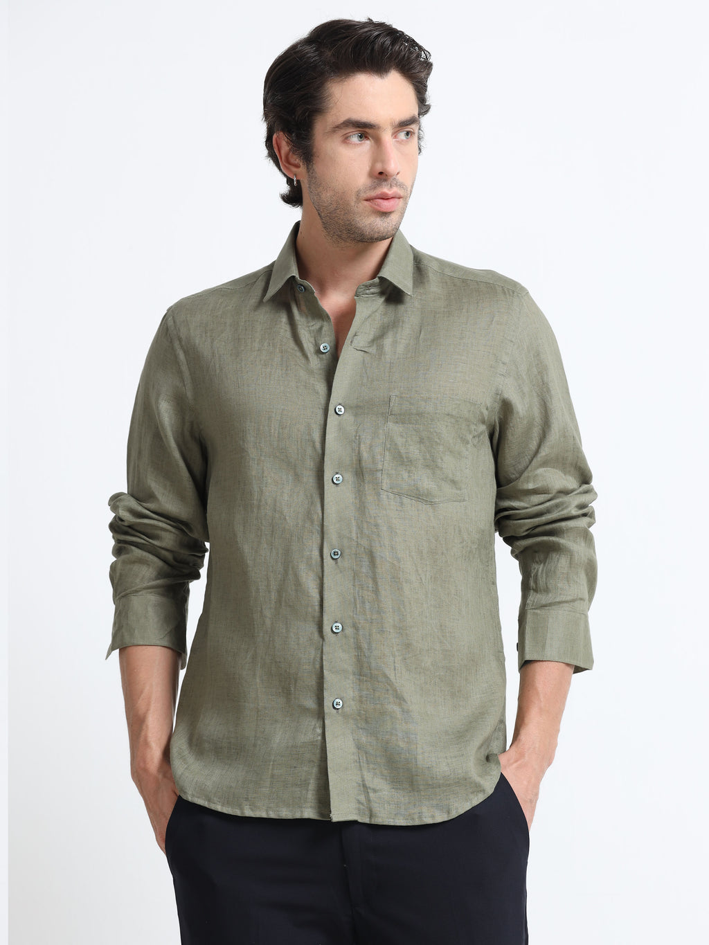 Men - Green - Slim Fit - Refined Plain Casual Shirt