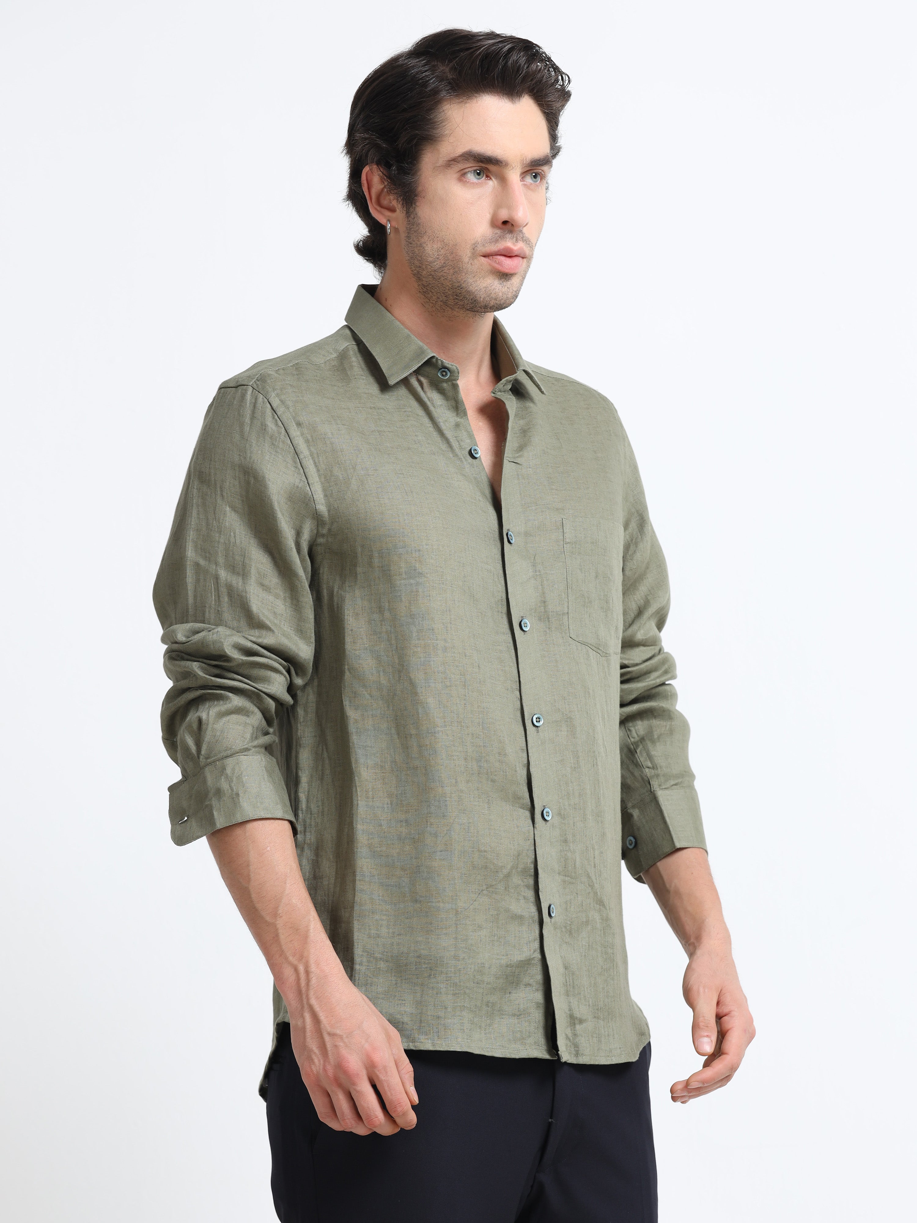 Men - Green - Slim Fit - Refined Plain Casual Shirt