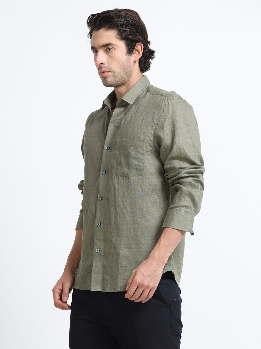 Men - Green - Slim Fit - Refined Plain Casual Shirt