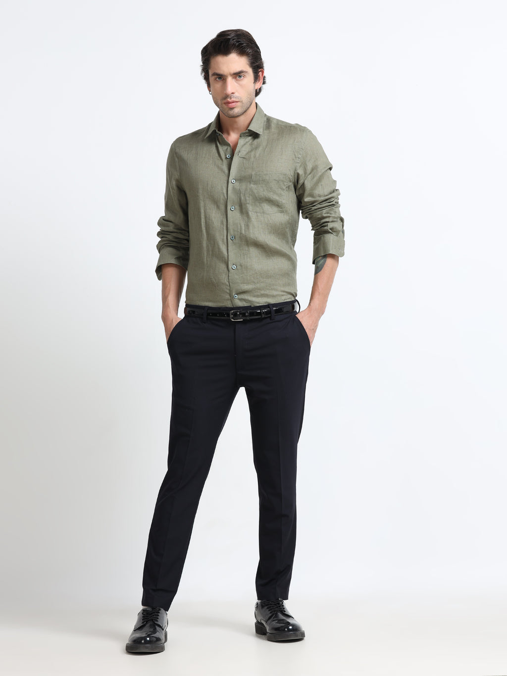 Men - Green - Slim Fit - Refined Plain Casual Shirt