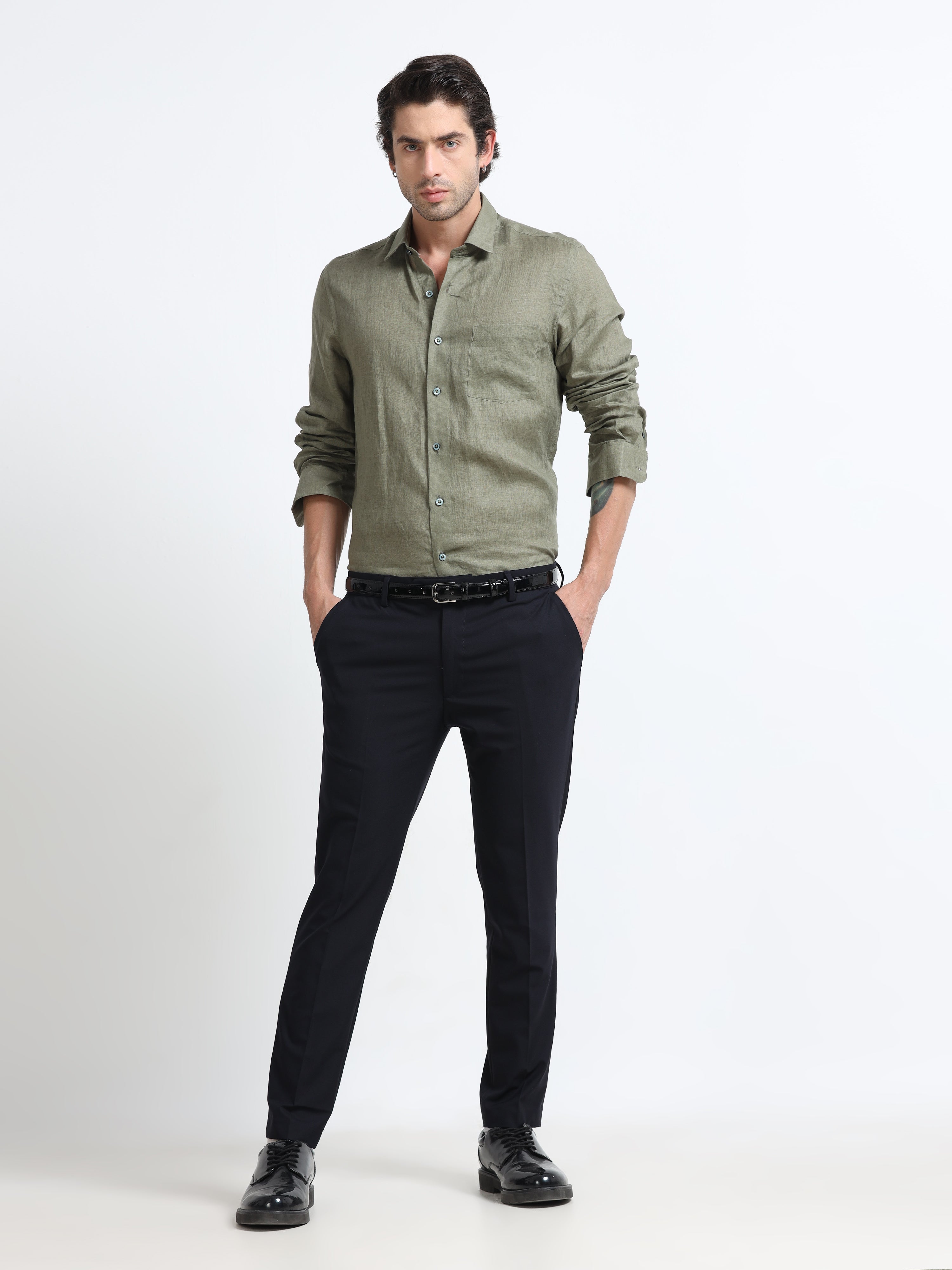Men - Green - Slim Fit - Refined Plain Casual Shirt