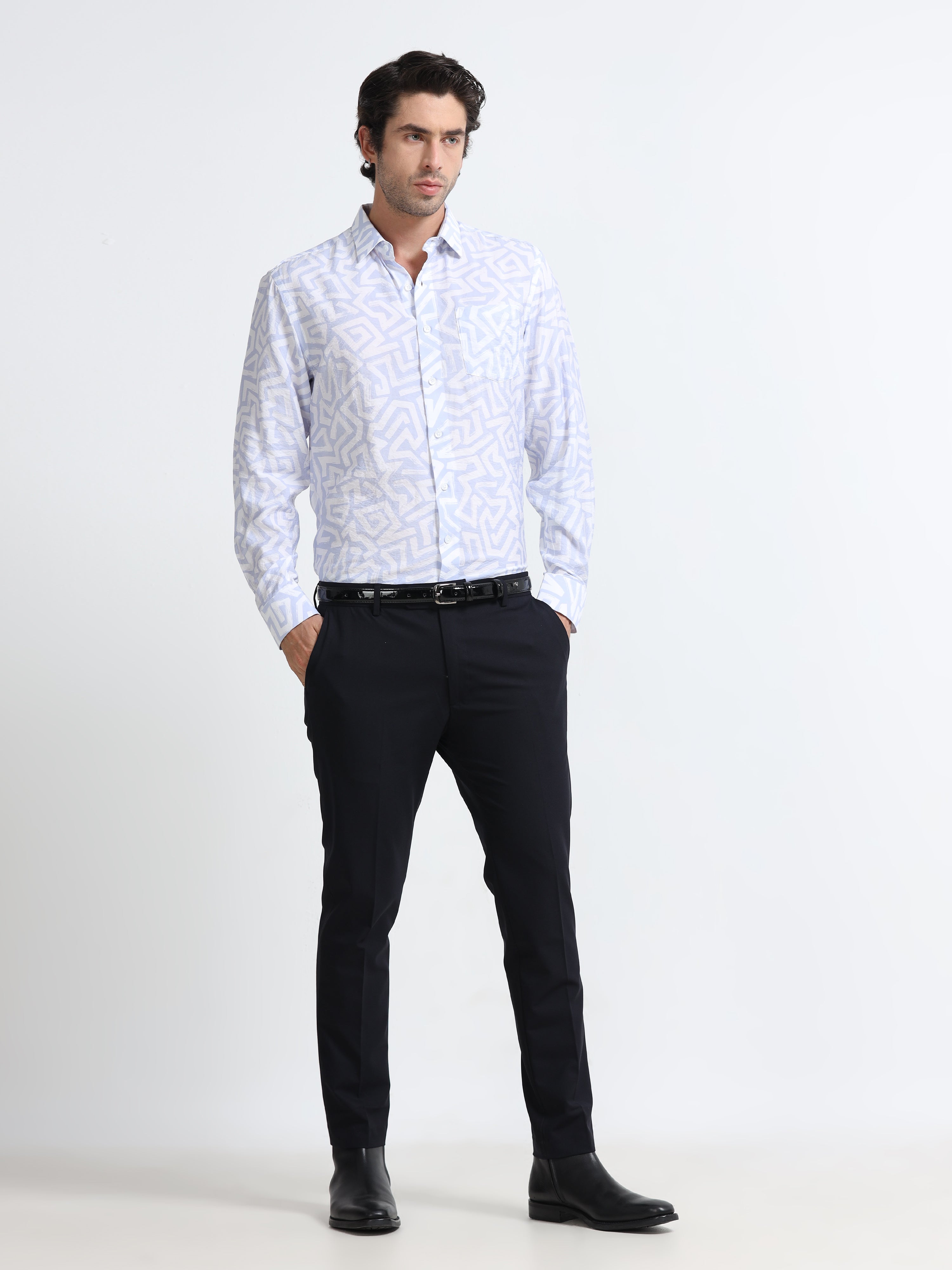 Men - Sky Blue - Slim Fit - Printed Shirt