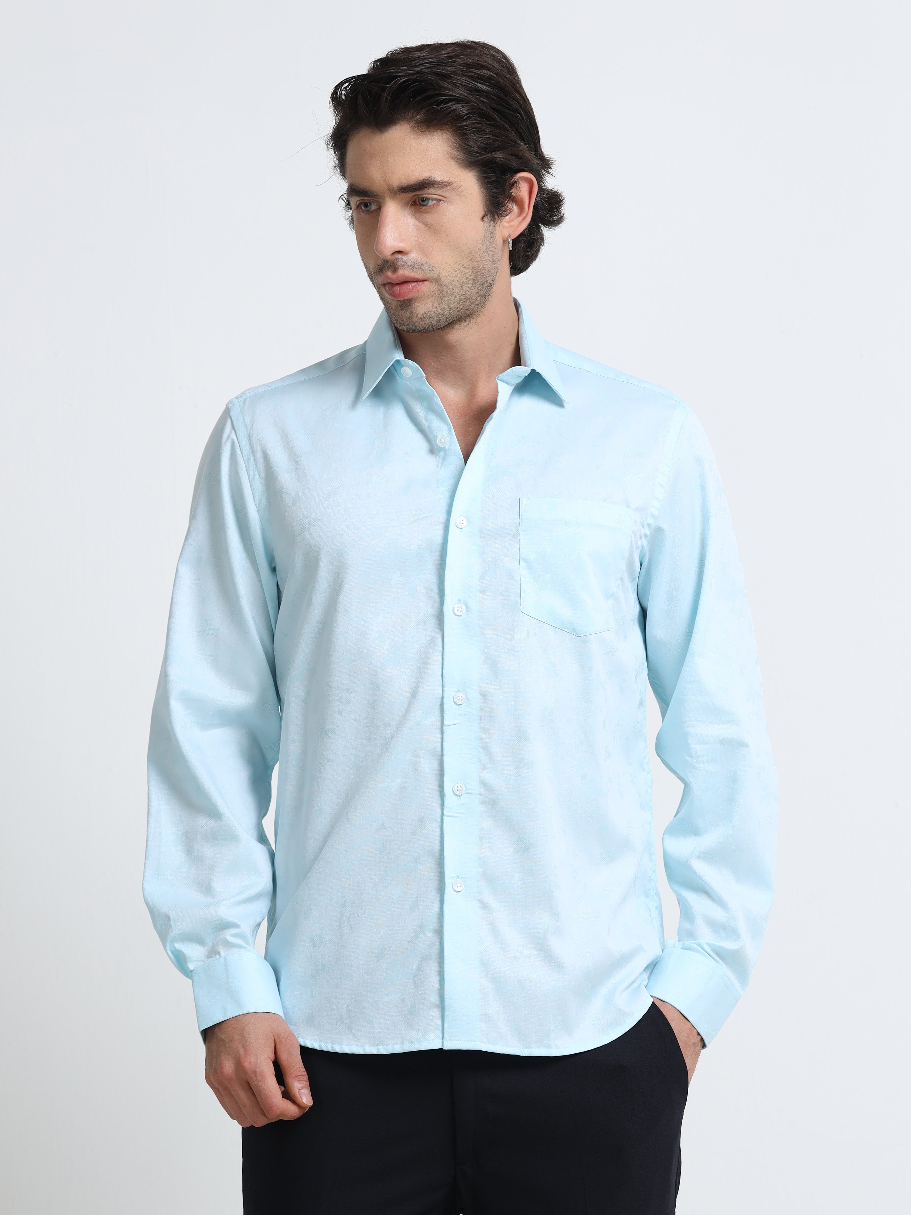Men - Sky Blue - Slim Fit - Textured Formal Shirt