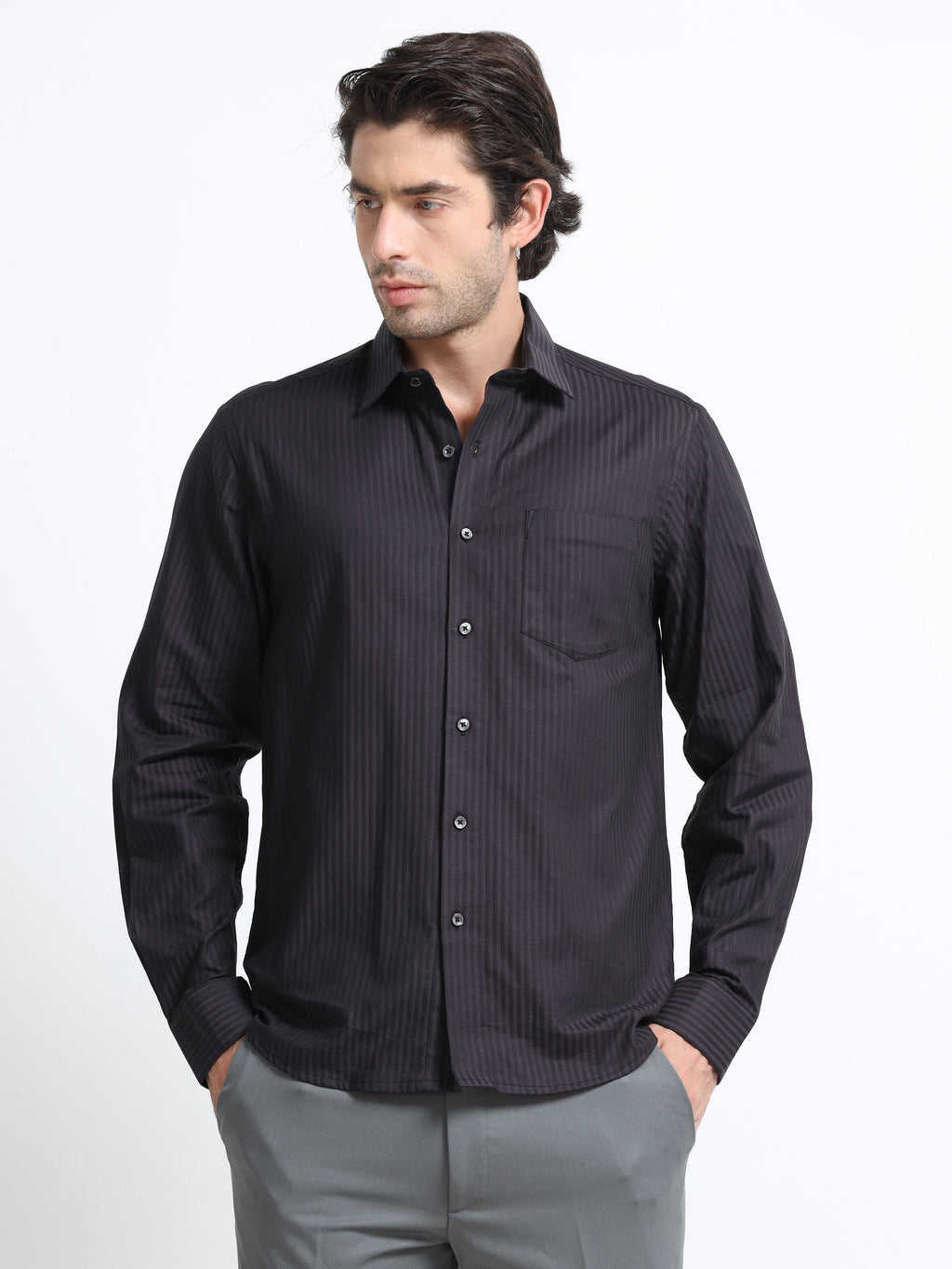 Men - Dark Grey Slim Fit - Textured Formal Shirt