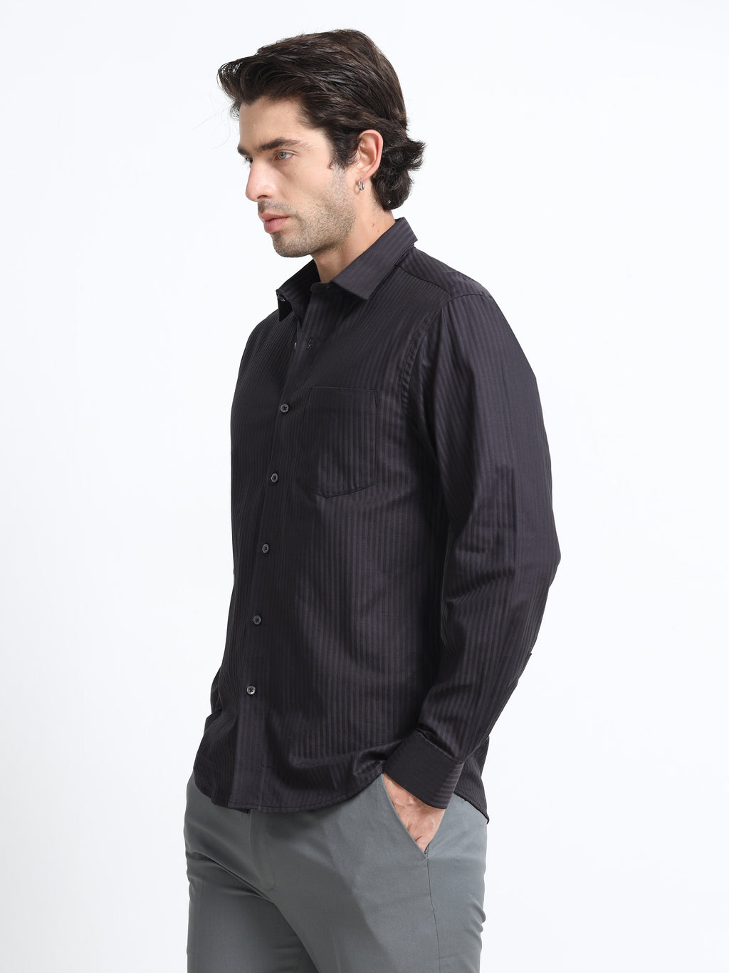 Men - Dark Grey Slim Fit - Textured Formal Shirt