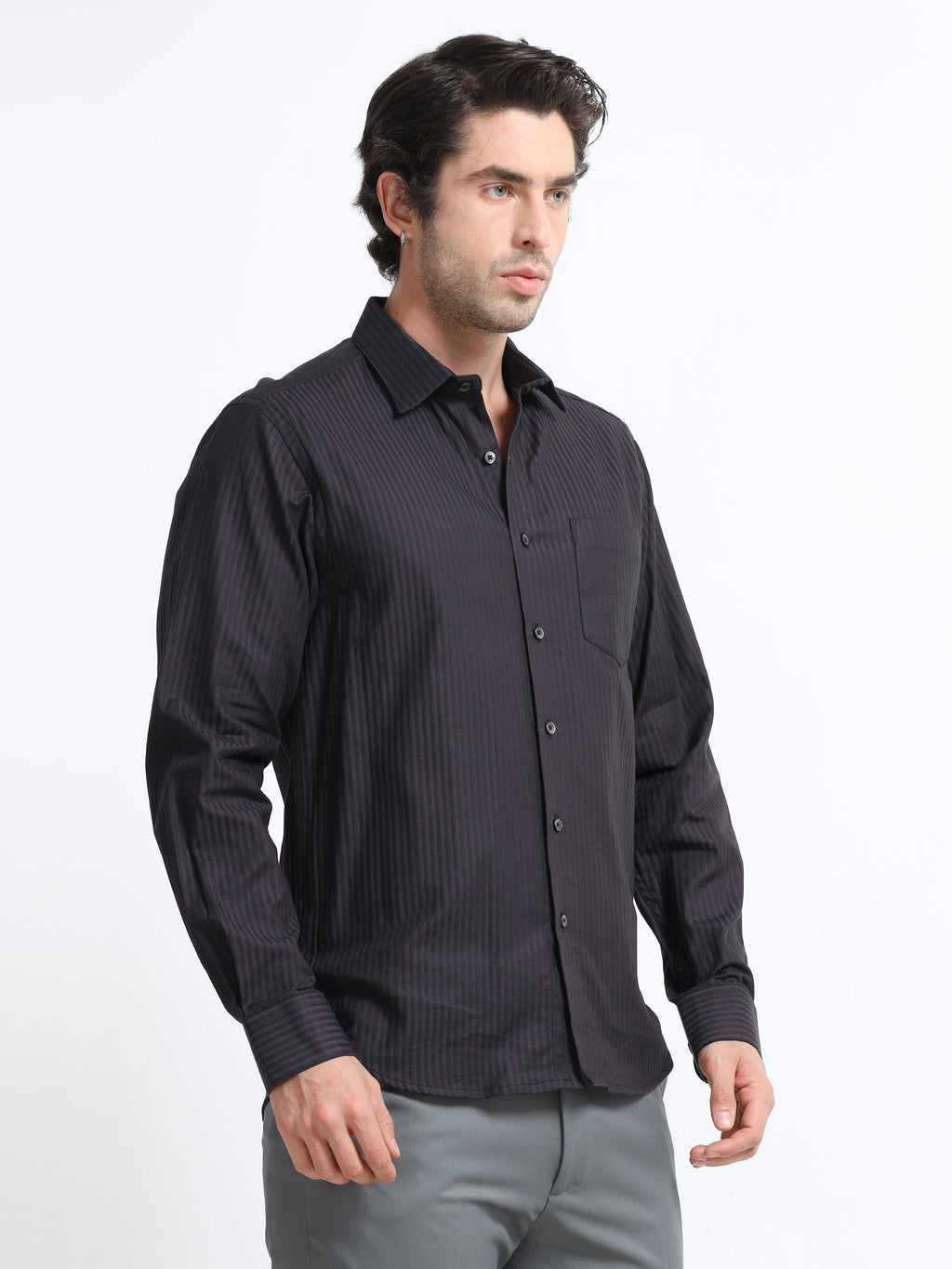Men - Dark Grey Slim Fit - Textured Formal Shirt