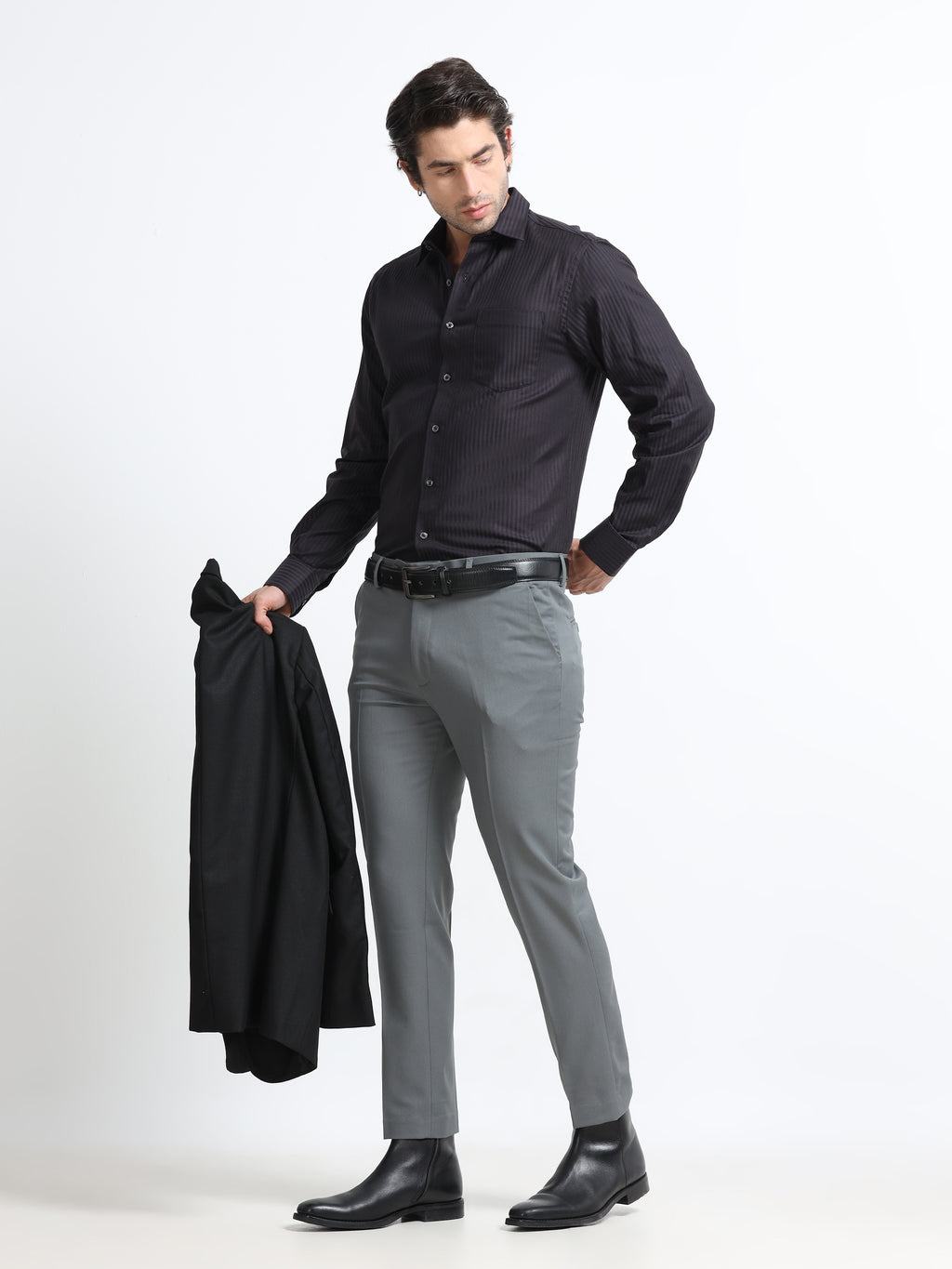 Men - Dark Grey Slim Fit - Textured Formal Shirt