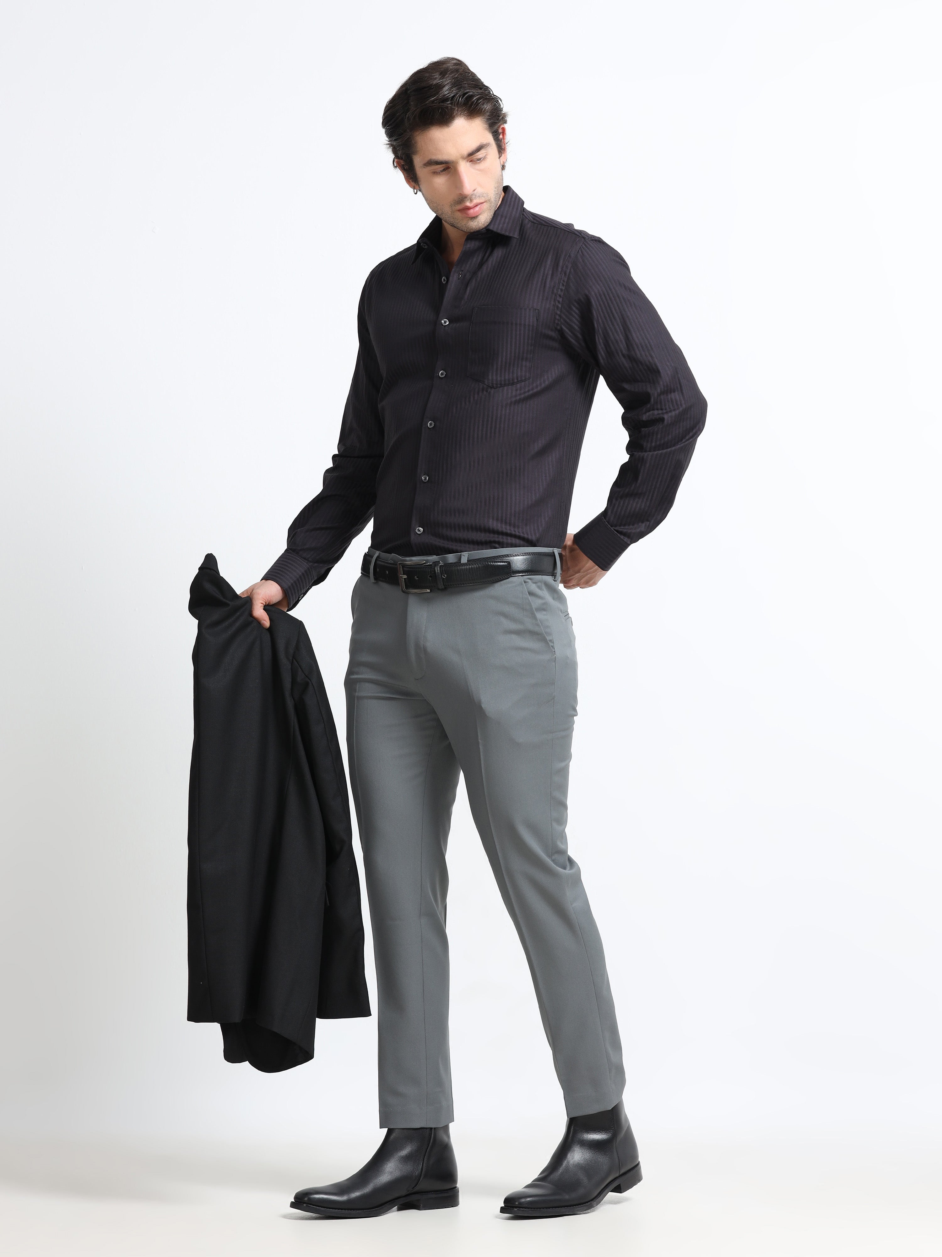 Men - Dark Grey Slim Fit - Textured Formal Shirt
