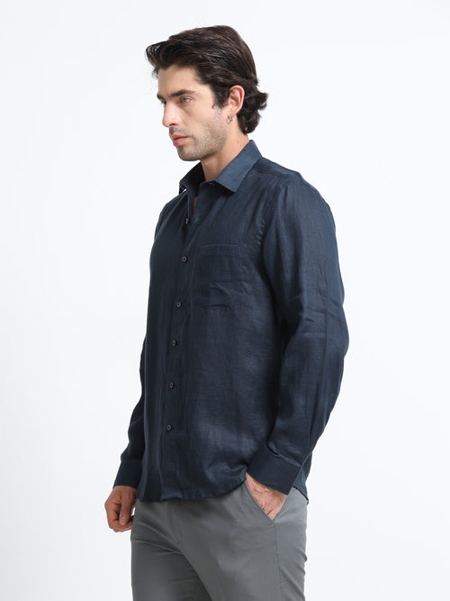 Men - Dark Blue - Slim Fit - Refined Plain Casual Shirt