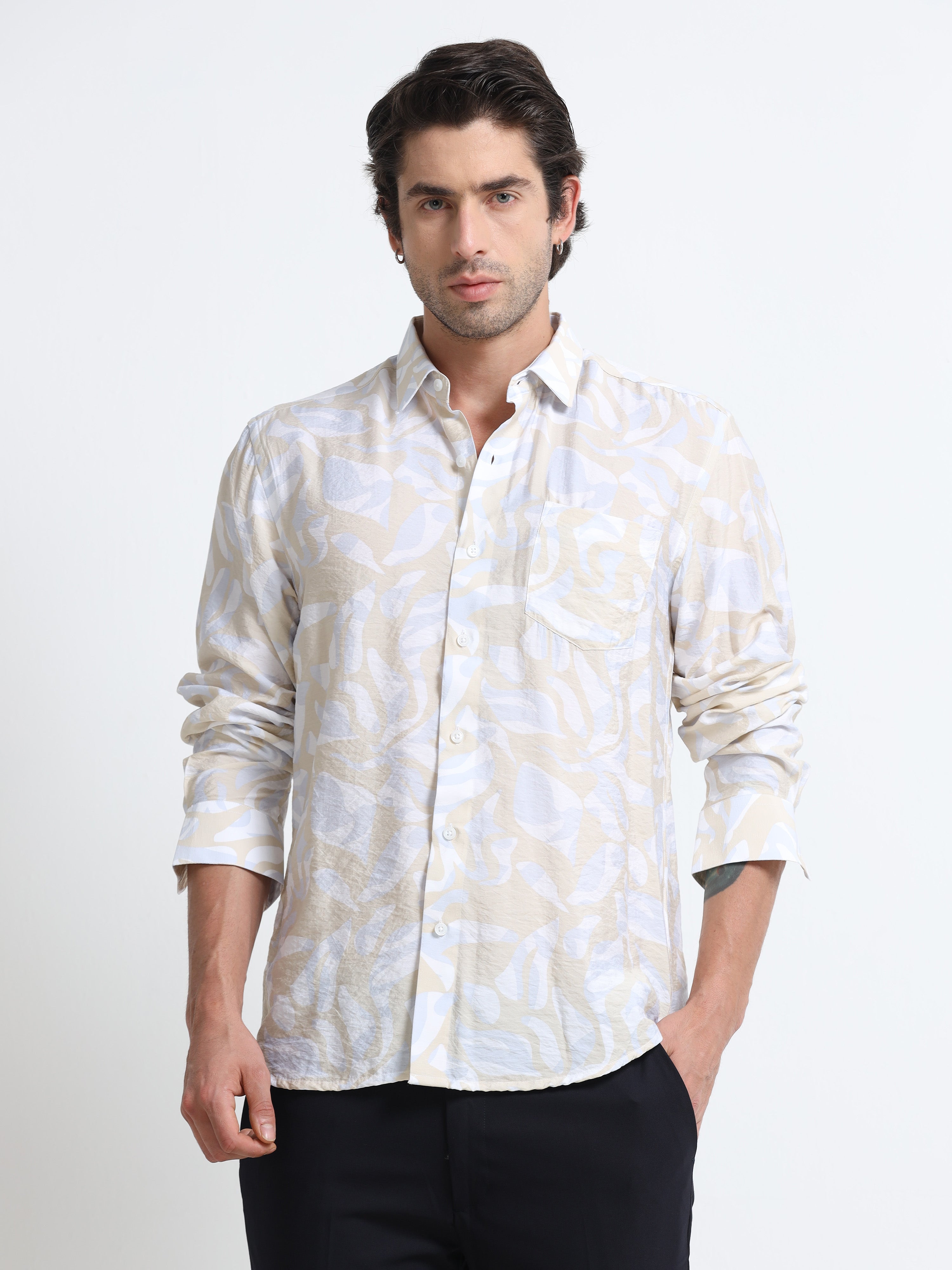 Men - Khaki Gray - Slim Fit - Printed Shirt