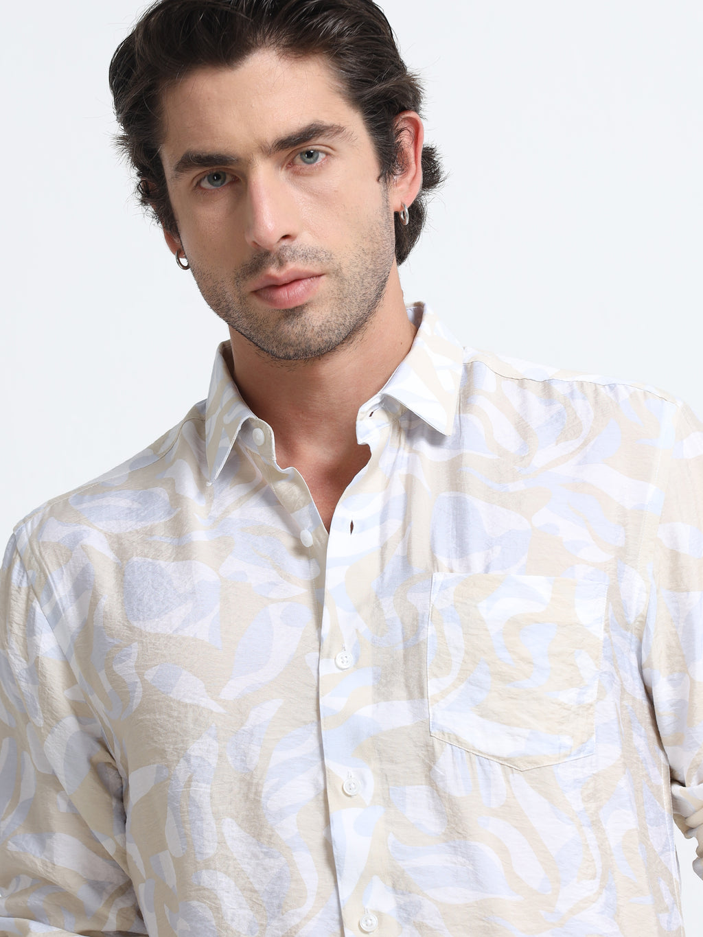 Men - Khaki Gray - Slim Fit - Printed Shirt