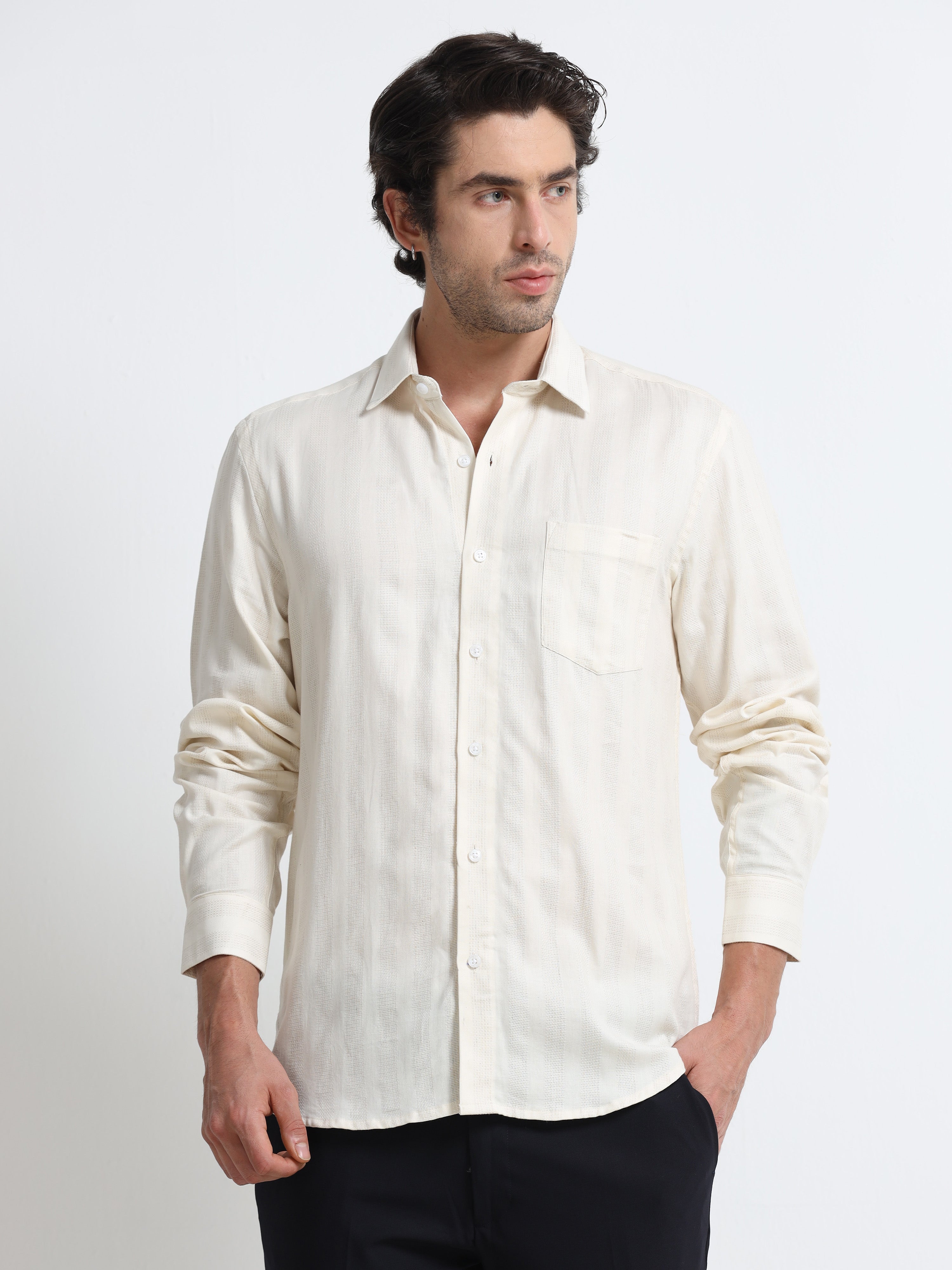 Men - Cream - Slim Fit - Textured Shirt