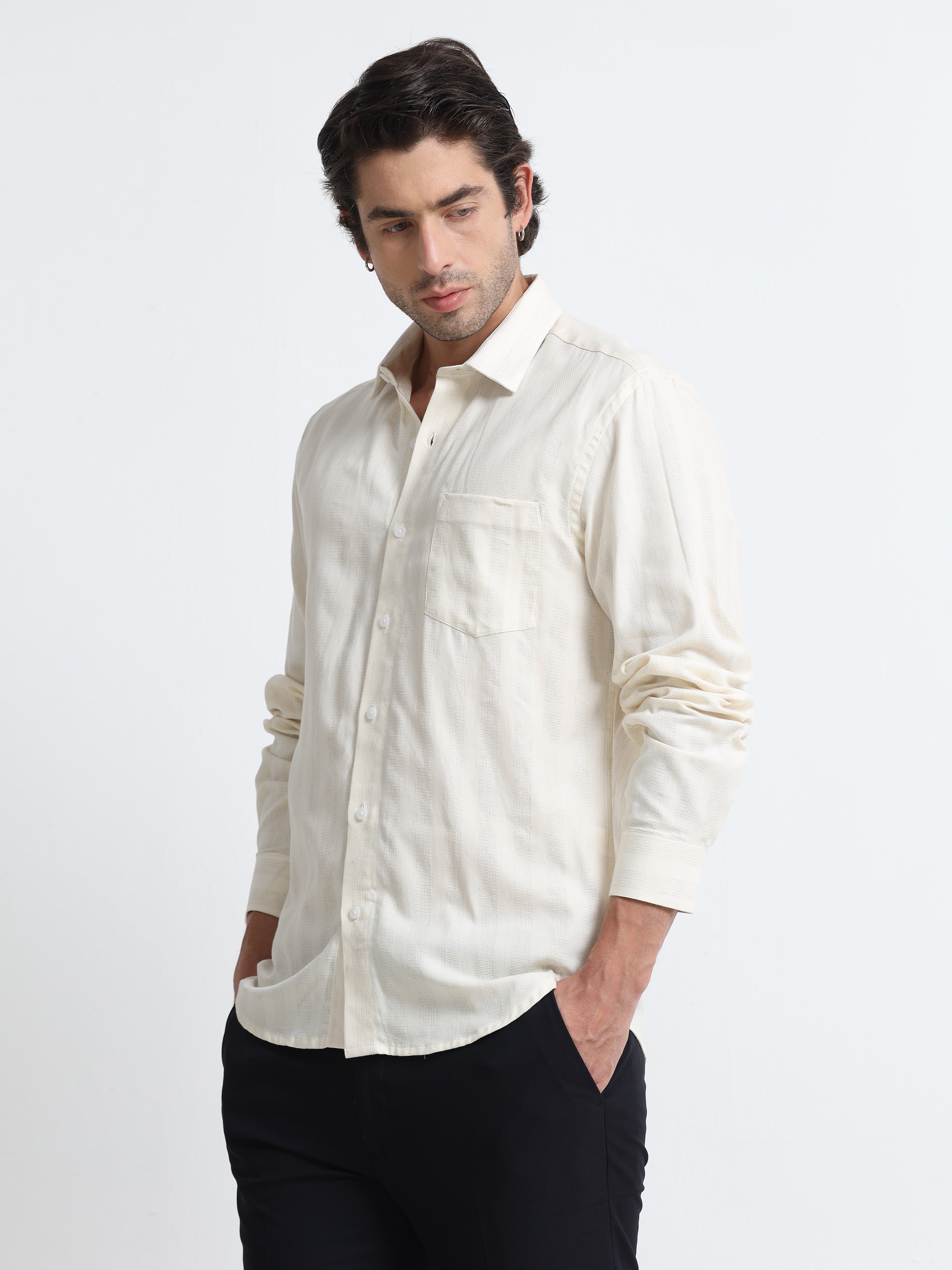 Men - Cream - Slim Fit - Textured Shirt