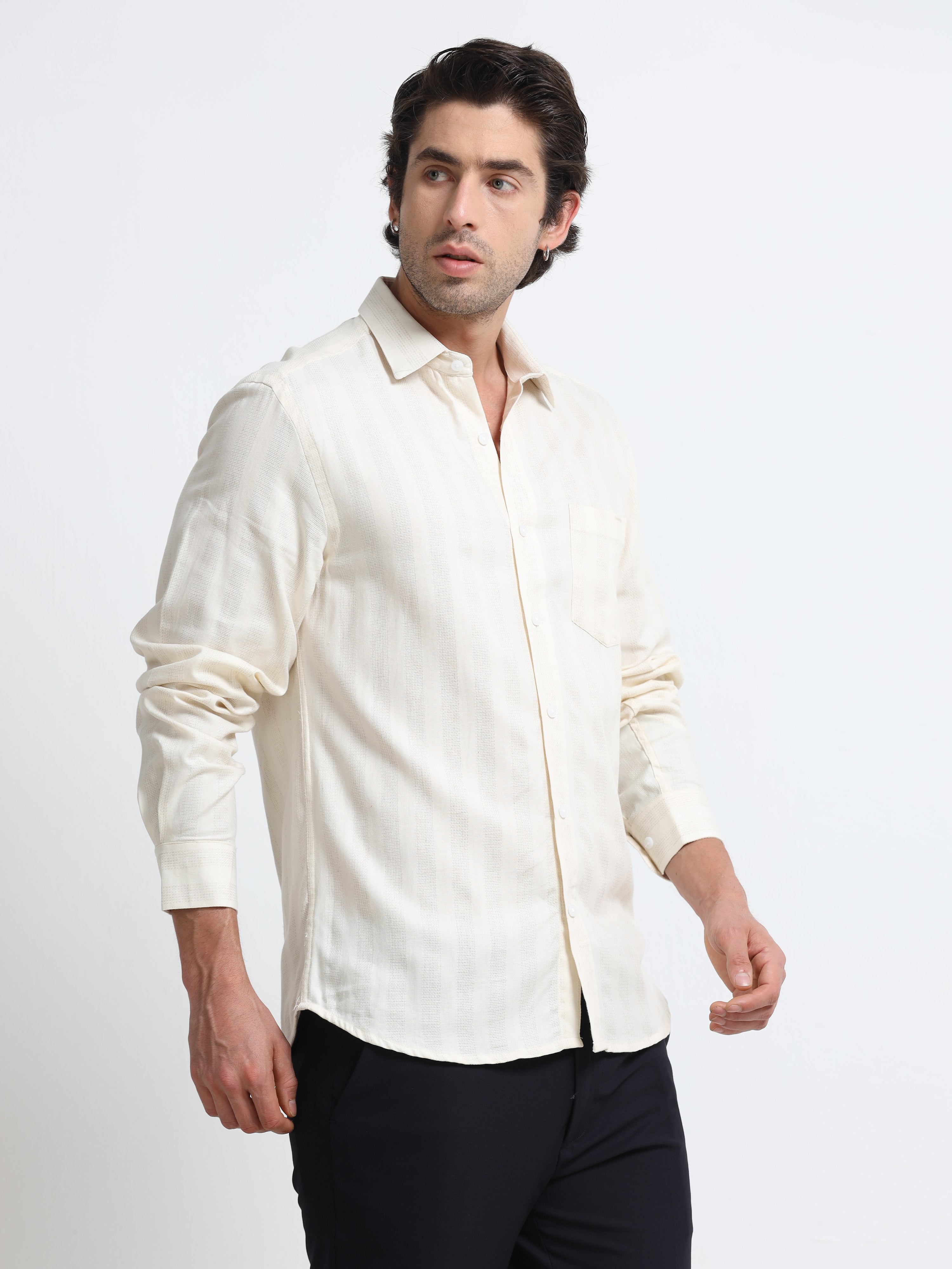 Men - Cream - Slim Fit - Textured Shirt