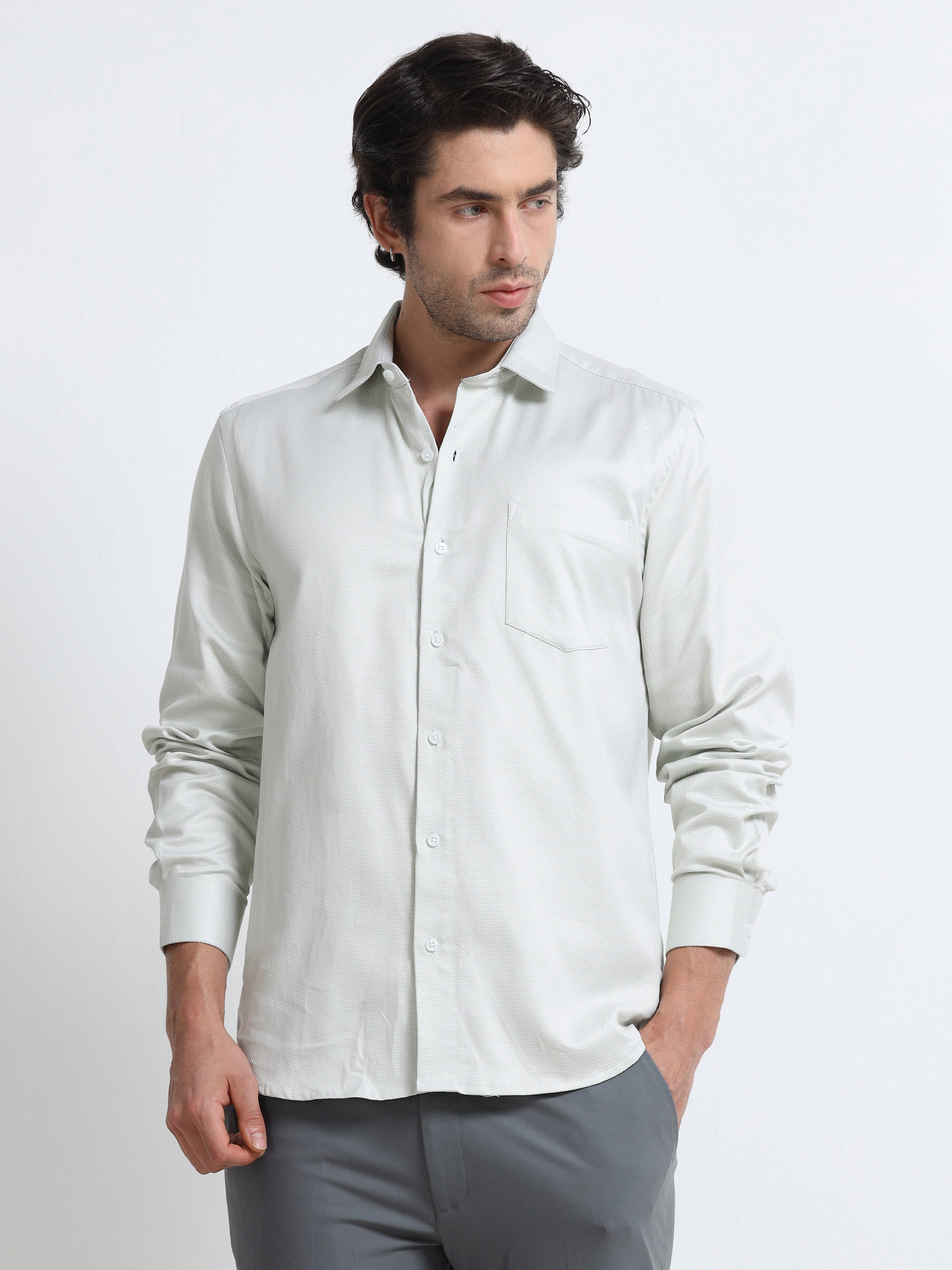 Men - Pista Green - Slim Fit - Textured Formal Shirt