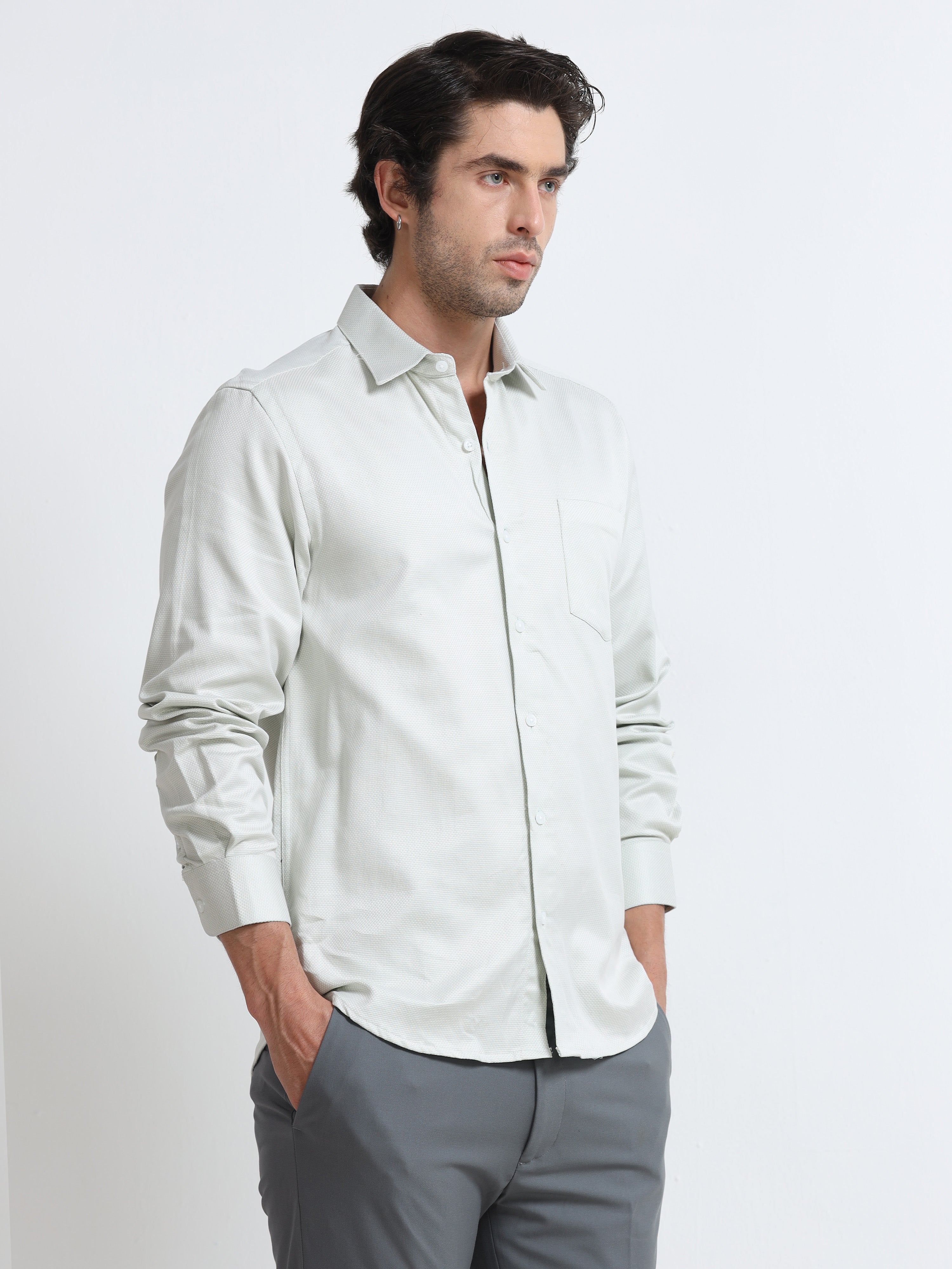 Men - Pista Green - Slim Fit - Textured Formal Shirt