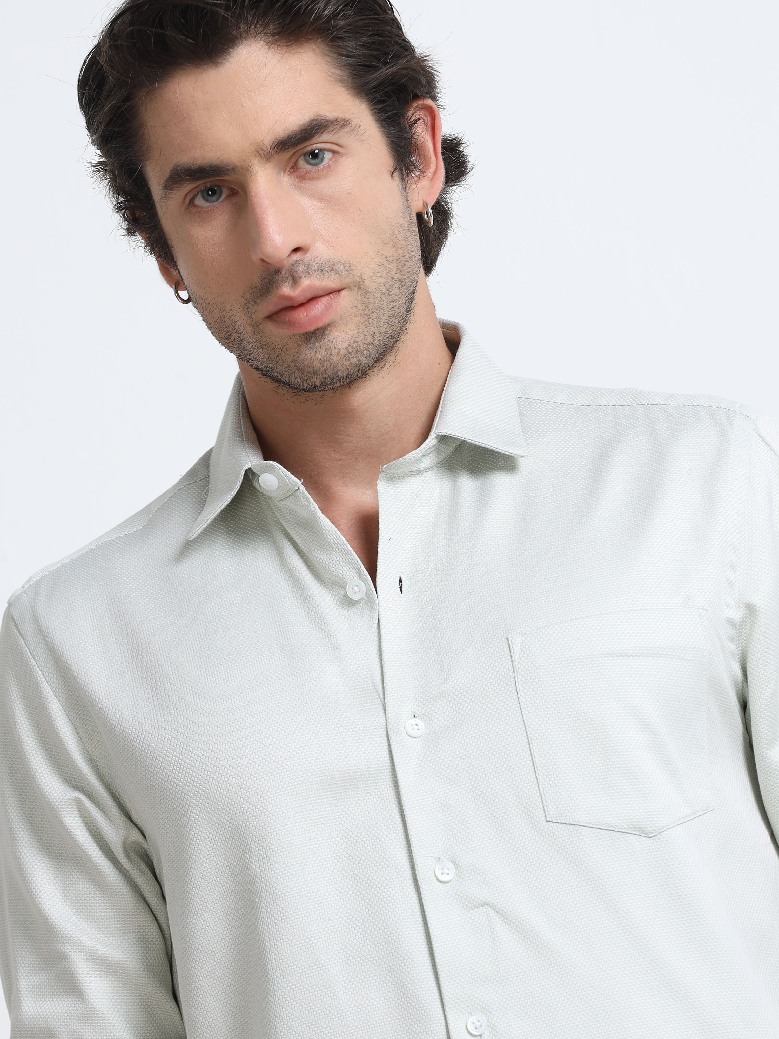 Men - Pista Green - Slim Fit - Textured Formal Shirt