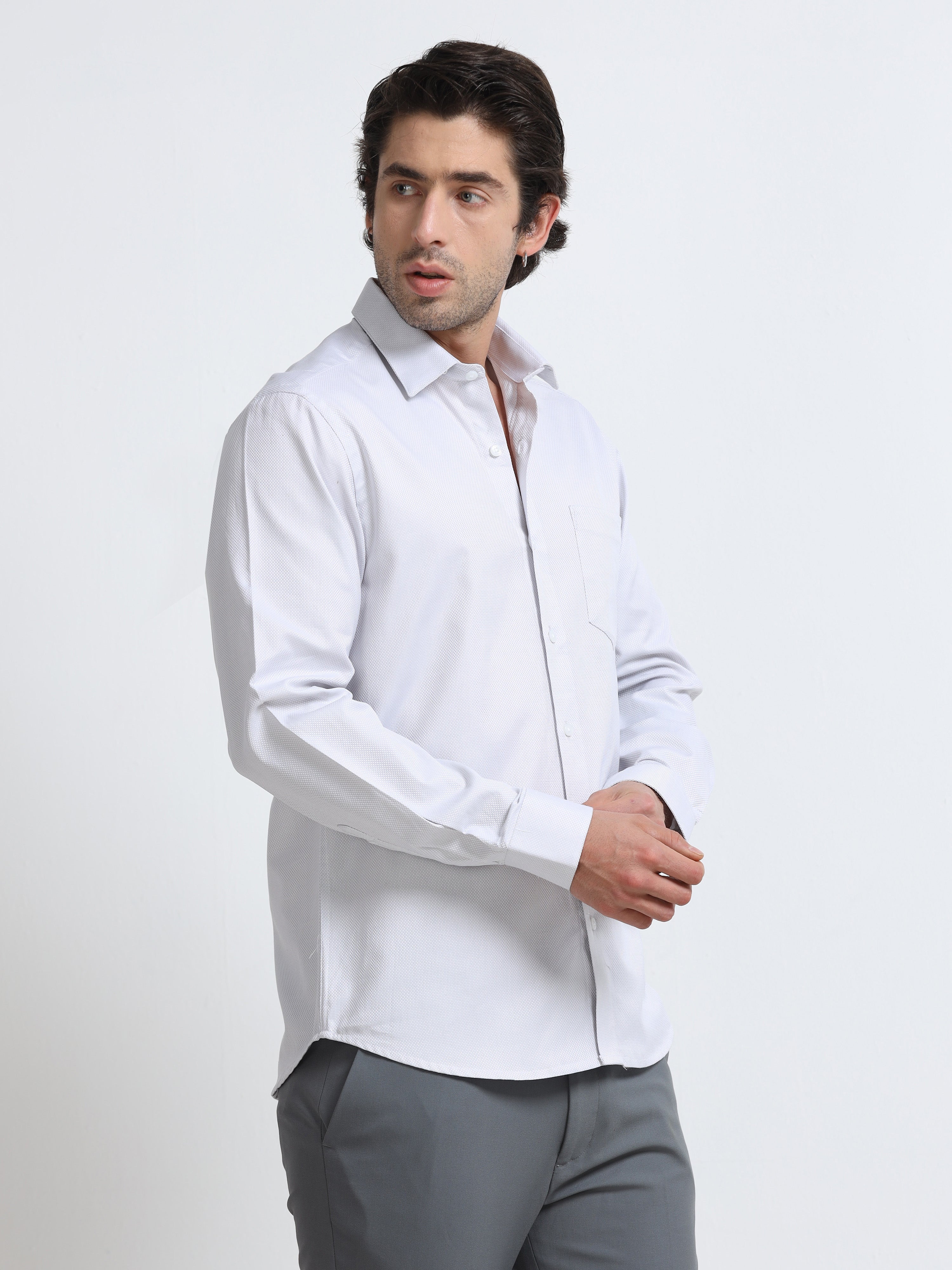 Men - White - Slim Fit - Textured Formal Shirt