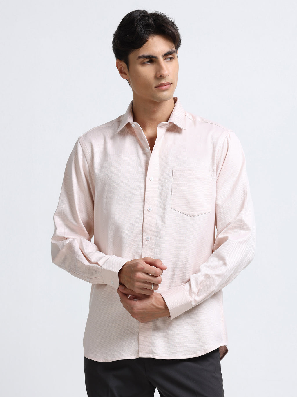 Men - Peach - Slim Fit - Textured Formal Shirt
