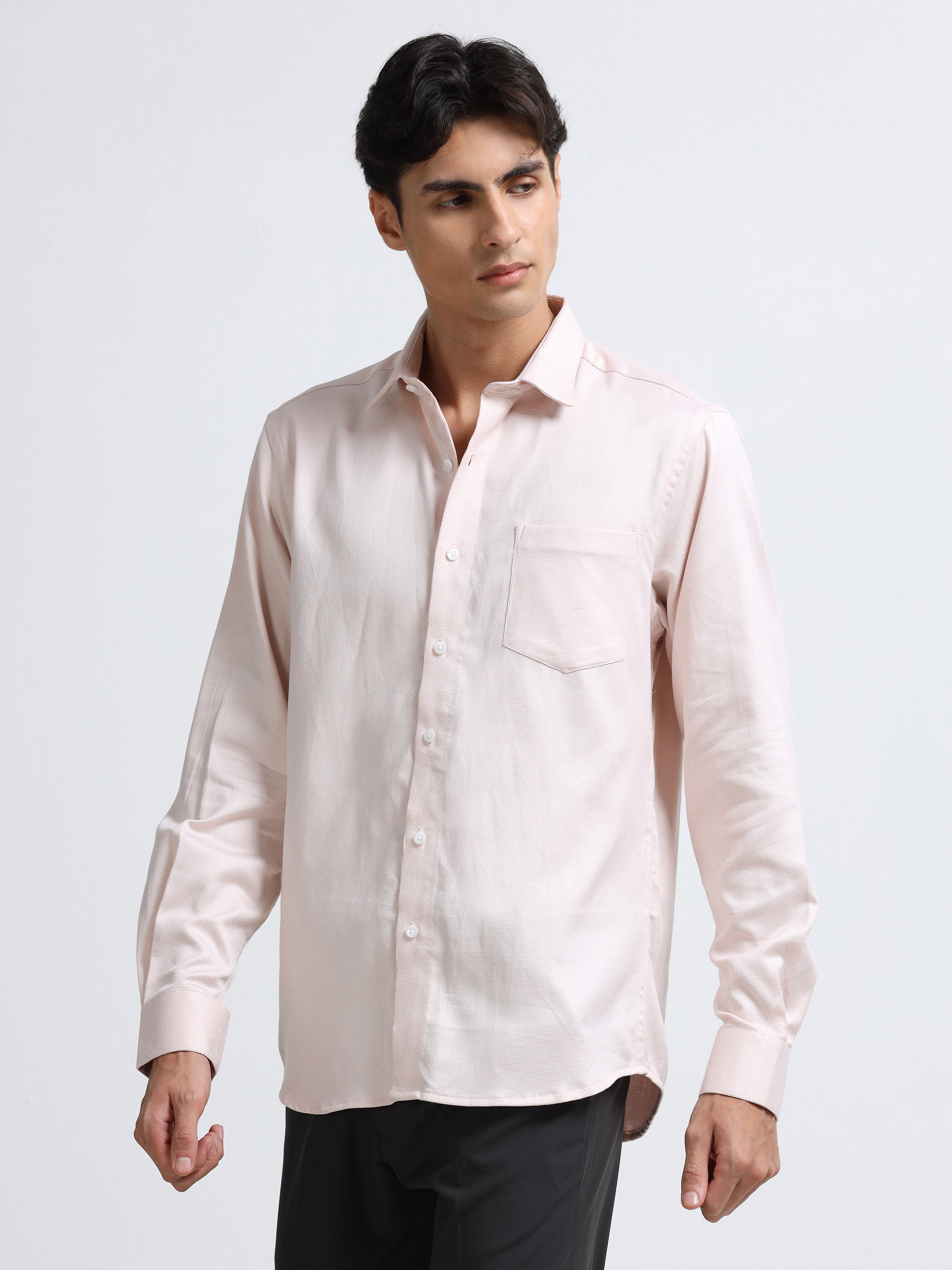 Men - Peach - Slim Fit - Textured Formal Shirt