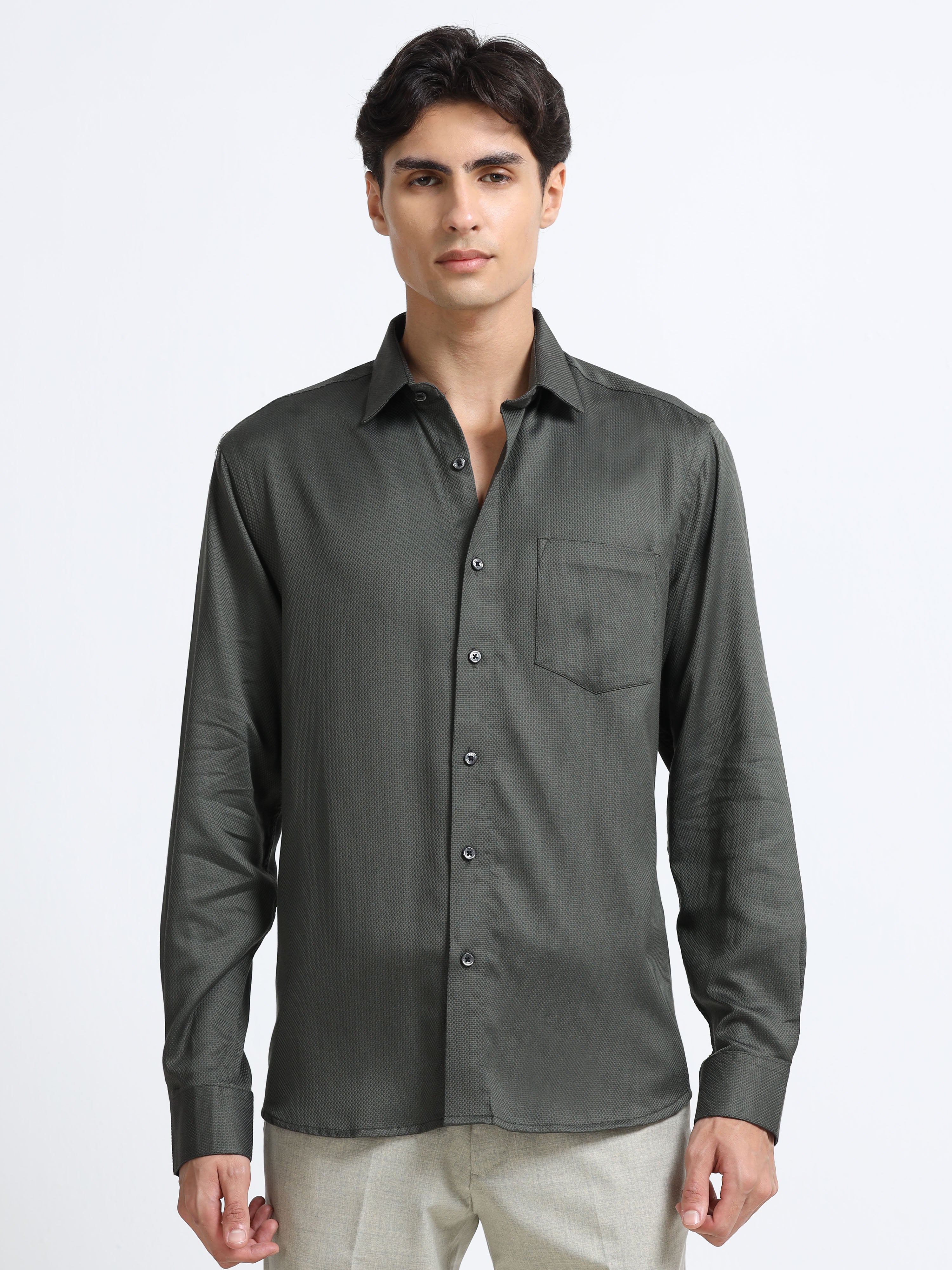 Men - Dark Green - Slim Fit - Textured - Formal Shirt