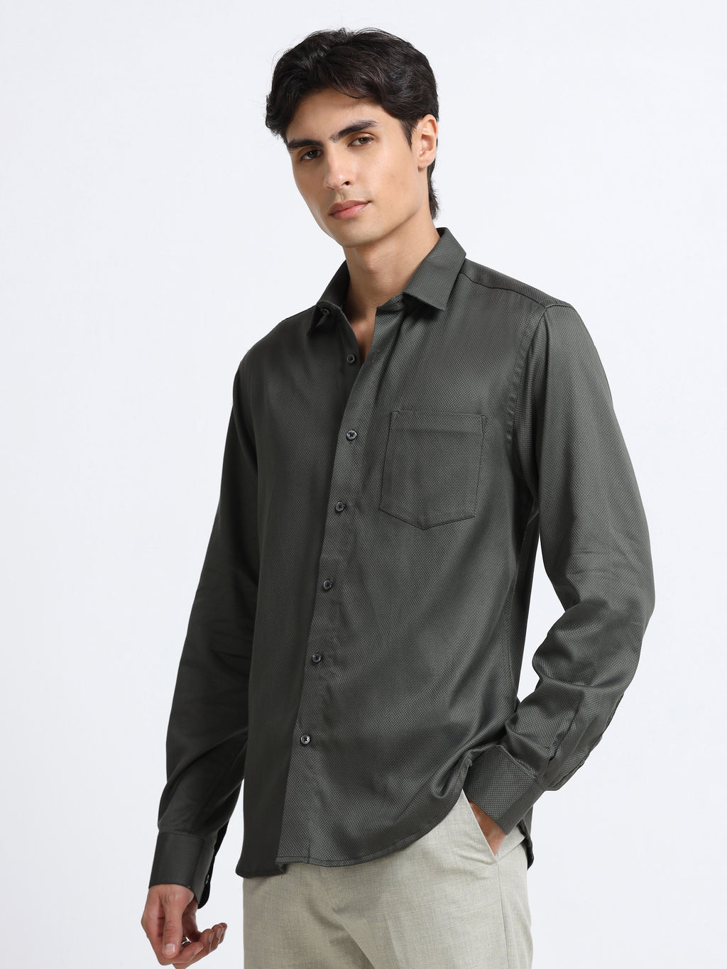 Men - Dark Green - Slim Fit - Textured - Formal Shirt