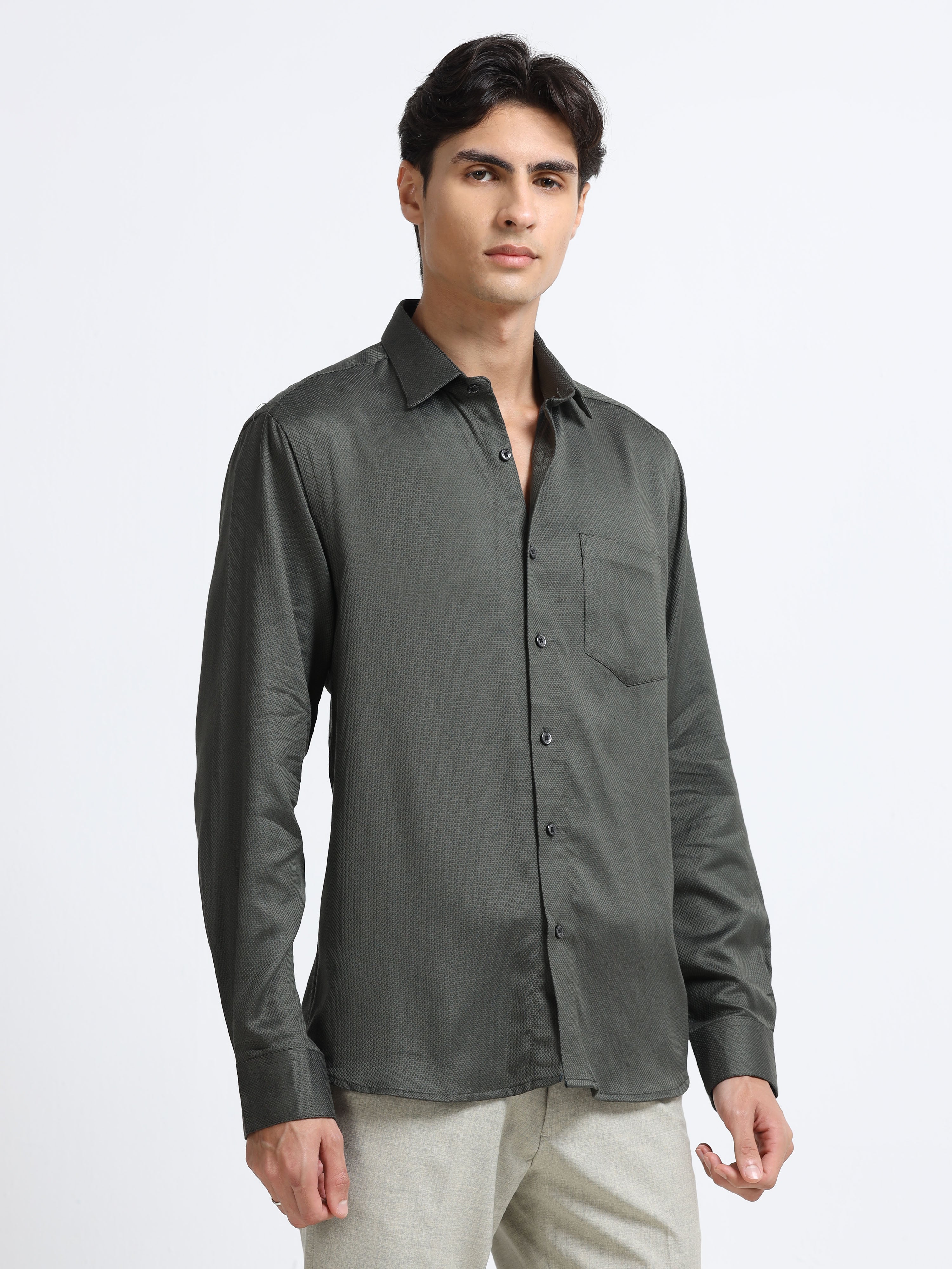 Men - Dark Green - Slim Fit - Textured - Formal Shirt