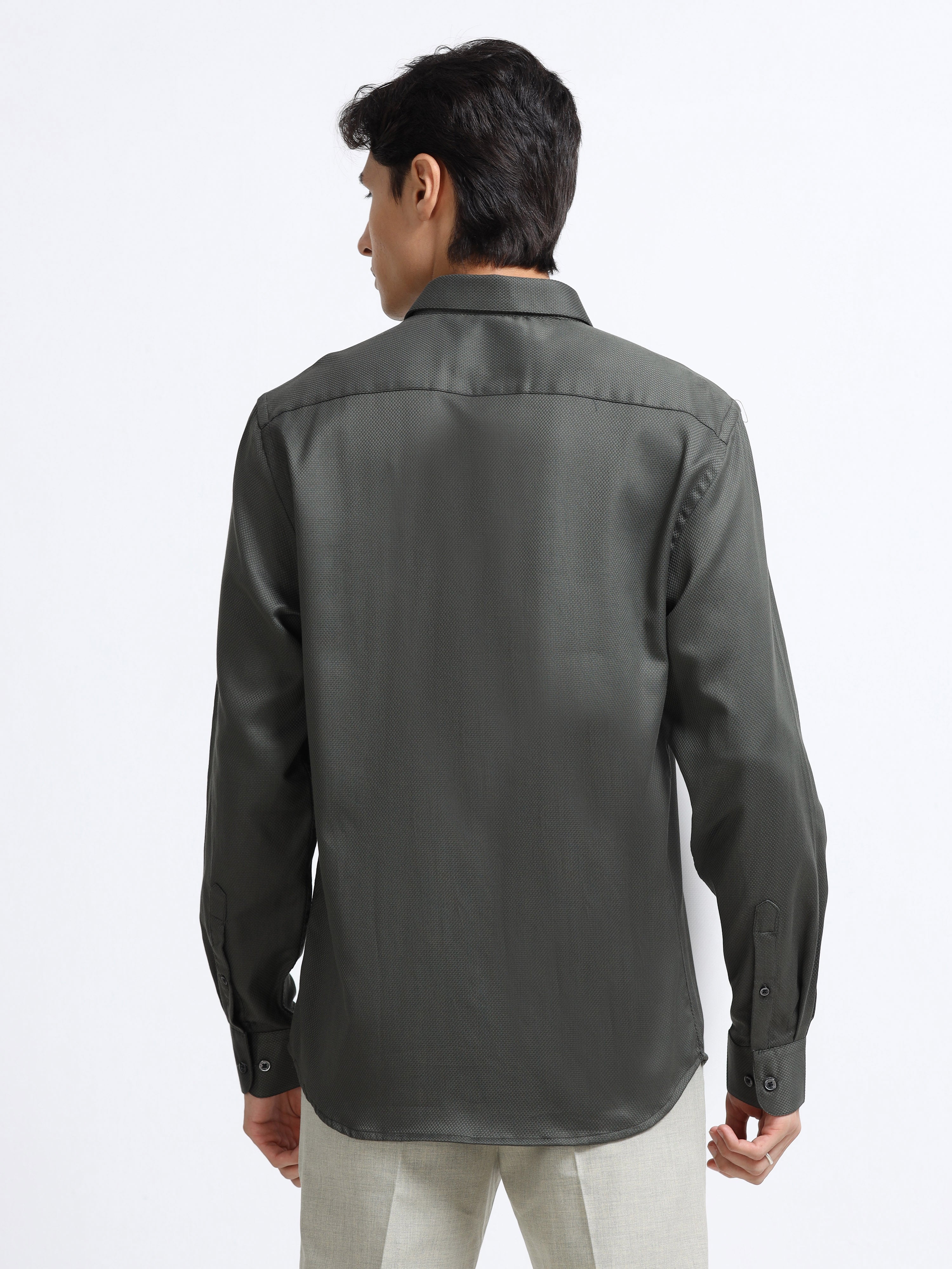 Men - Dark Green - Slim Fit - Textured - Formal Shirt