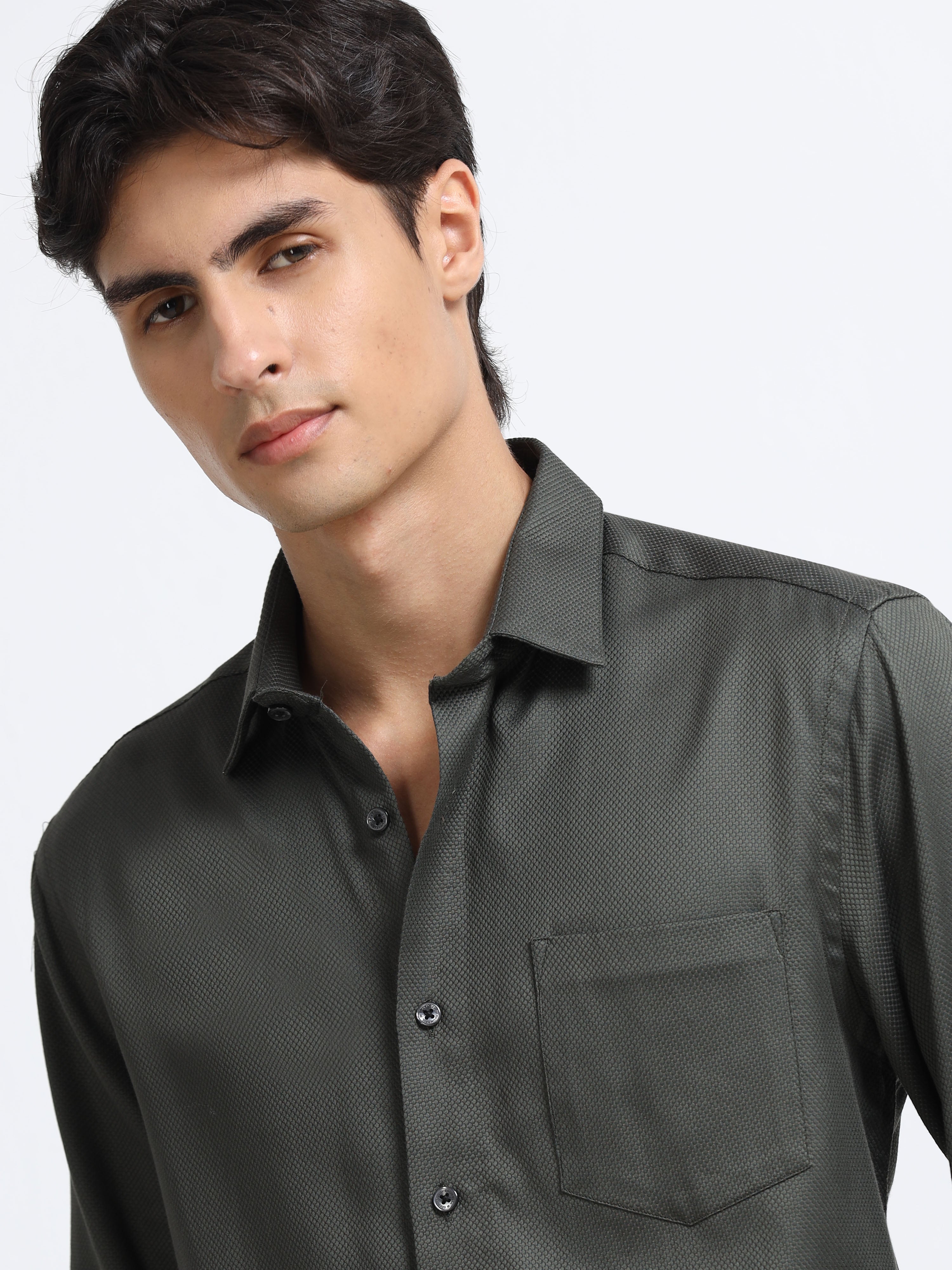 Men - Dark Green - Slim Fit - Textured - Formal Shirt