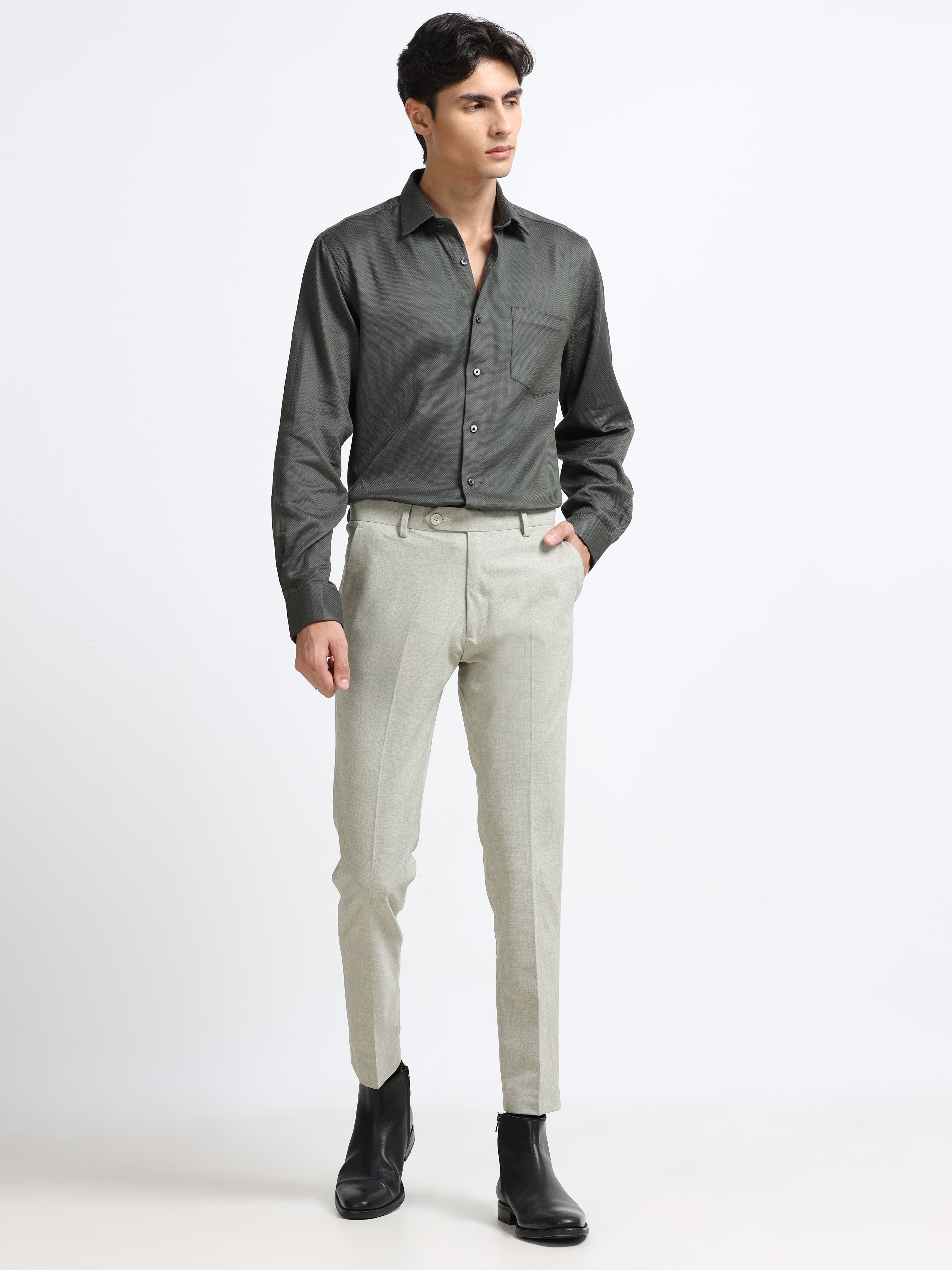 Men - Dark Green - Slim Fit - Textured - Formal Shirt