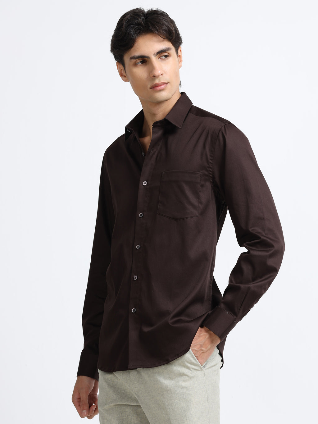 Men - Brown - Slim Fit - Solid Formal Shirt