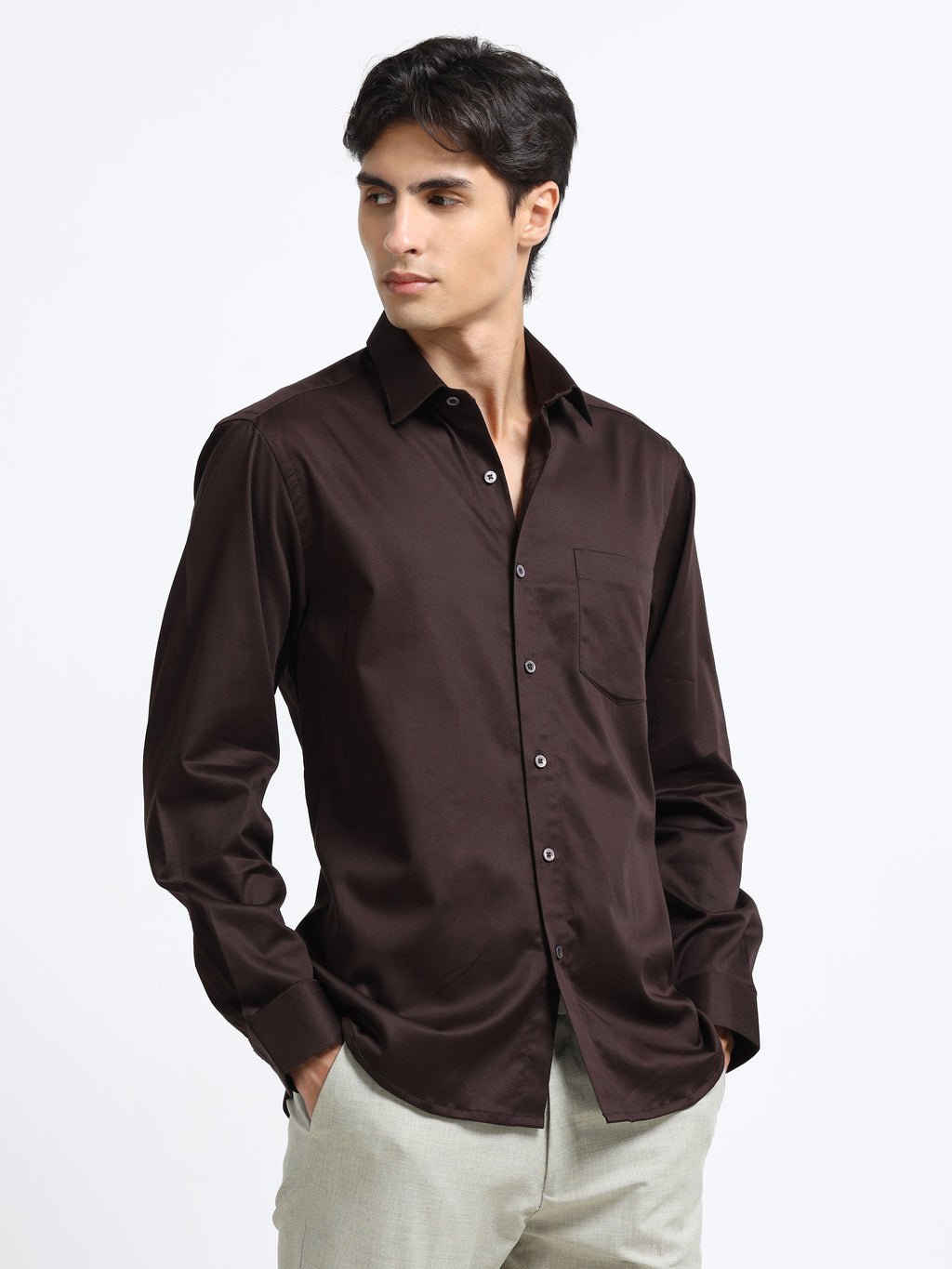 Men - Brown - Slim Fit - Solid Formal Shirt