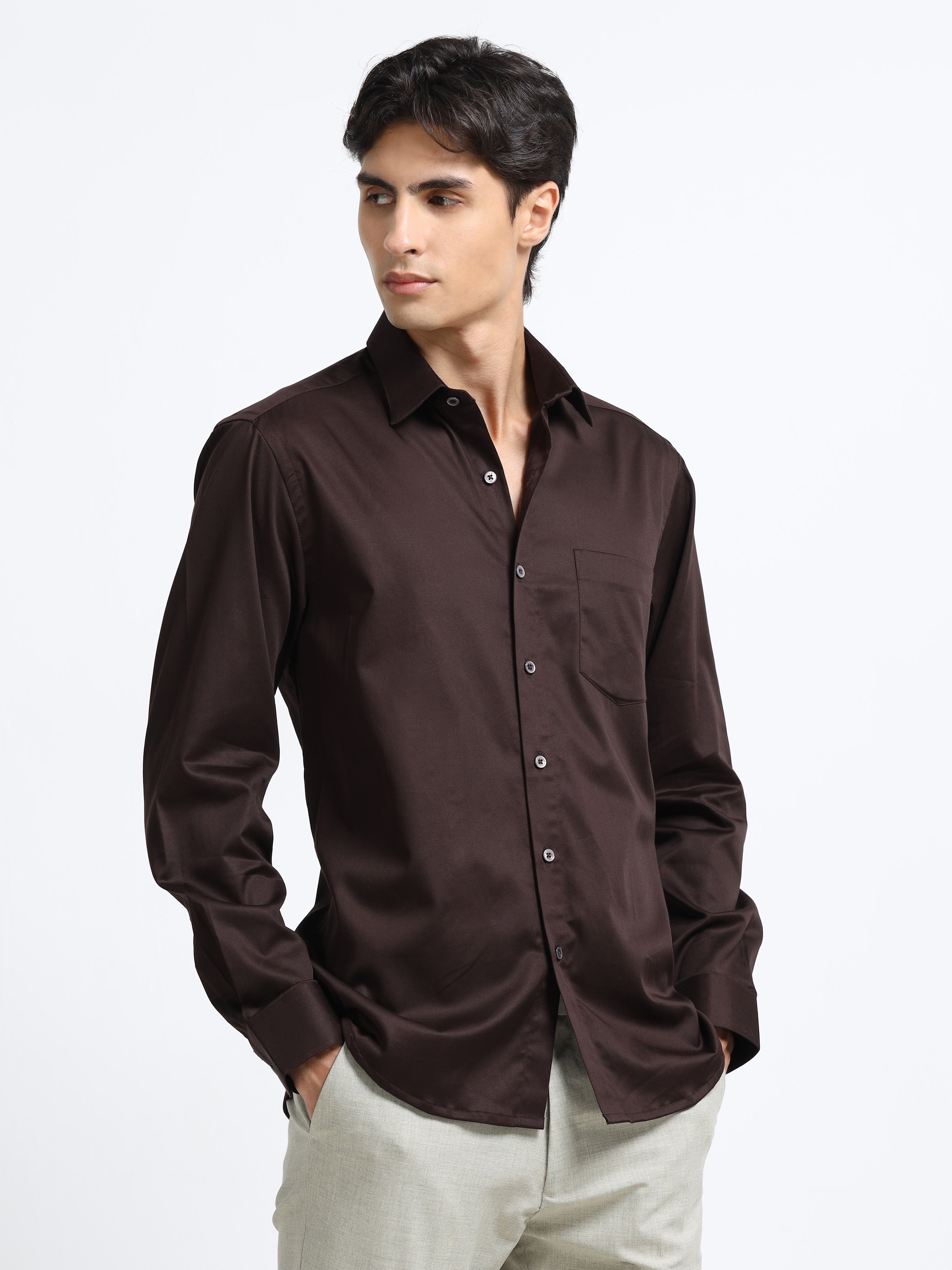 Men - Brown - Slim Fit - Solid Formal Shirt