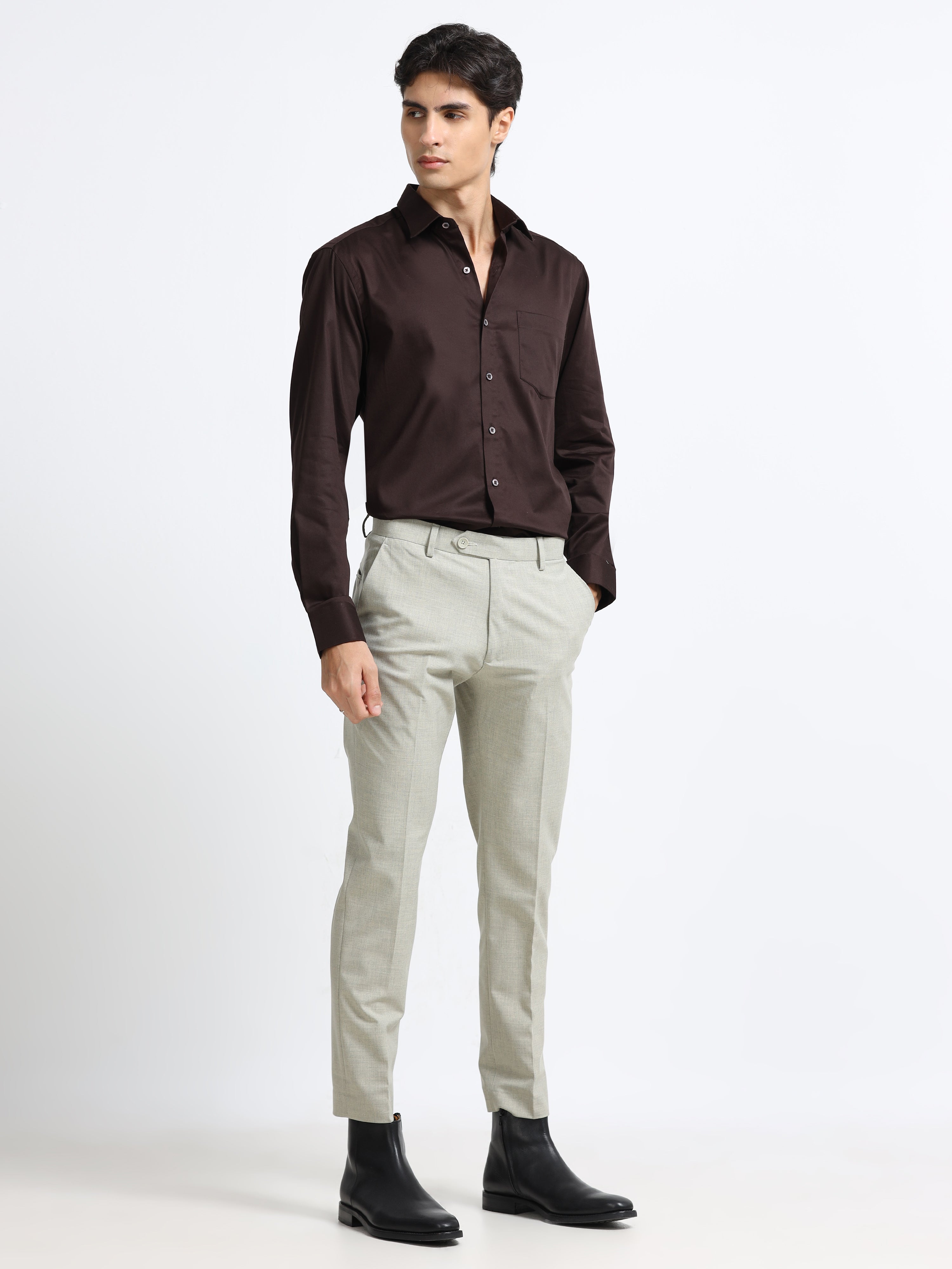 Men - Brown - Slim Fit - Solid Formal Shirt